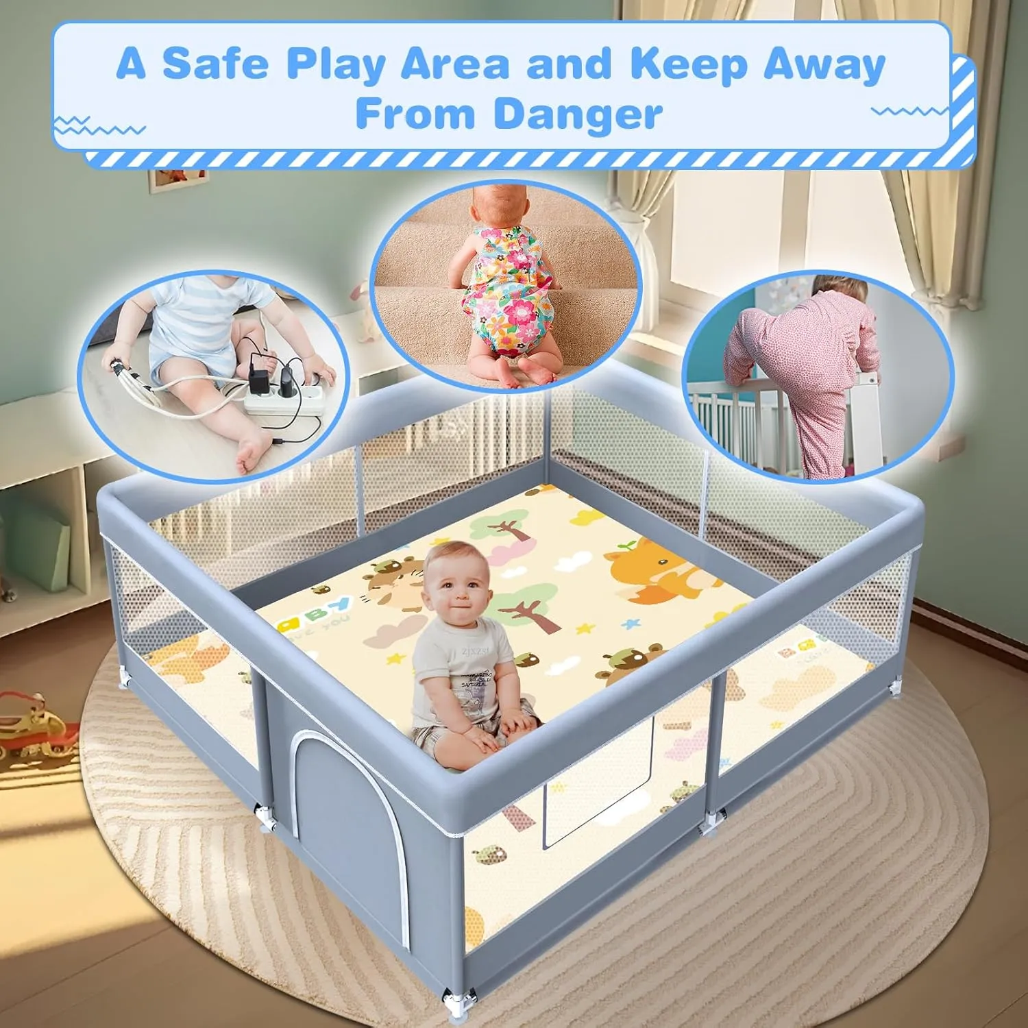 Baby Playpen with Mat, 50 x 50 Inch Play Pen Playards, Playpen for Babies and Toddlers, Baby Playard for Indoor & Outdoor Active Center Game Fence, Skin-Friendly Fabric and Soft Breathable Mesh