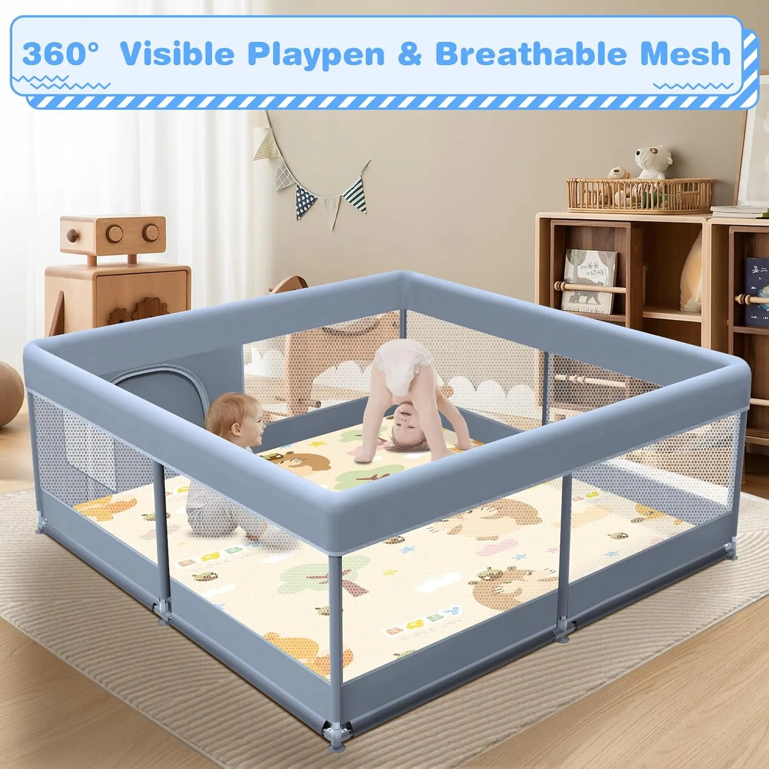 Baby Playpen with Mat, 50 x 50 Inch Play Pen Playards, Playpen for Babies and Toddlers, Baby Playard for Indoor & Outdoor Active Center Game Fence, Skin-Friendly Fabric and Soft Breathable Mesh