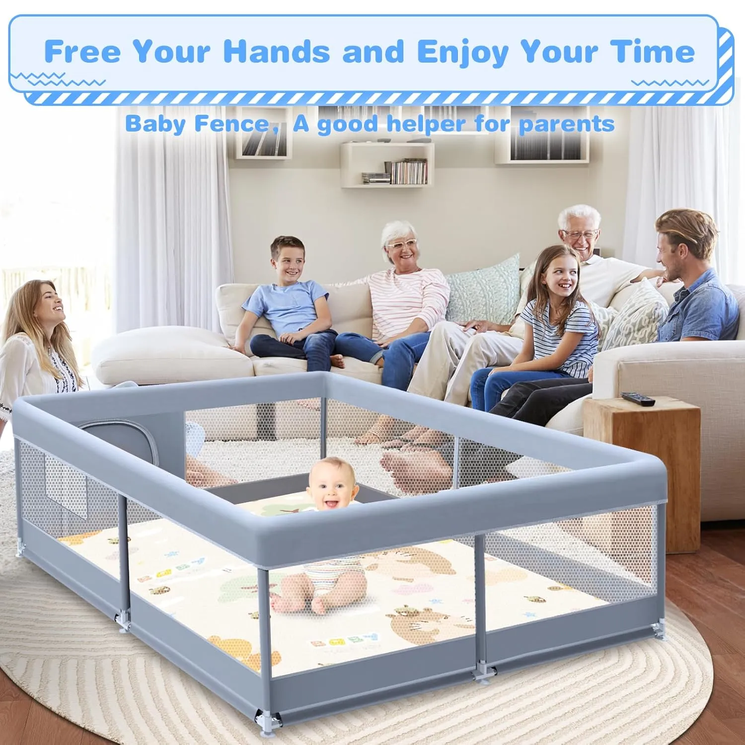 Baby Playpen with Mat, 50 x 50 Inch Play Pen Playards, Playpen for Babies and Toddlers, Baby Playard for Indoor & Outdoor Active Center Game Fence, Skin-Friendly Fabric and Soft Breathable Mesh