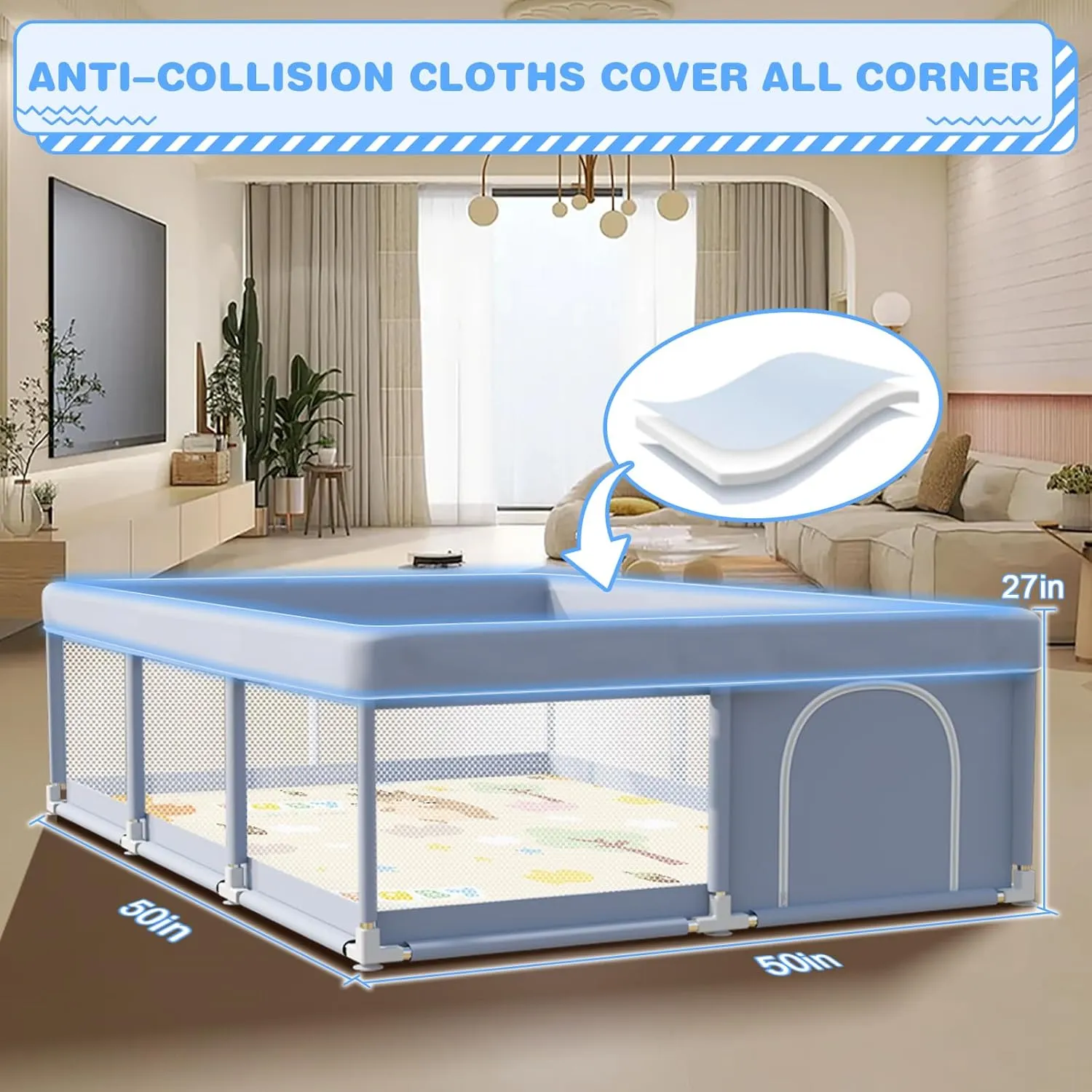 Baby Playpen with Mat, 50 x 50 Inch Play Pen Playards, Playpen for Babies and Toddlers, Baby Playard for Indoor & Outdoor Active Center Game Fence, Skin-Friendly Fabric and Soft Breathable Mesh