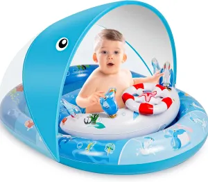 Baby Pool Float with Canopy，Baby Swim Float with UPF50  Sun Protection Canopy and Toy Play Console，Inflatable Baby Float & Swimming Float with Adjustable Safety Seat for 3-36 Months