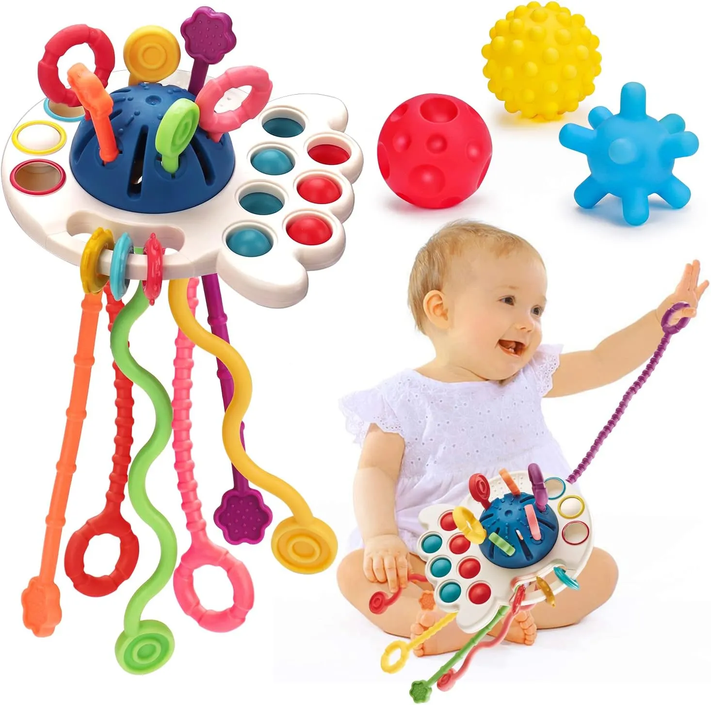 Baby Sensory Montessori Toys for 6-12-18 Months Sensory Balls Pull String Toys for Babies 0-6 Months Teething Developmental Travel Toy for 1 Year Old Boy Girl Birthday Gift 6-9-12 Month Old Infant Toy