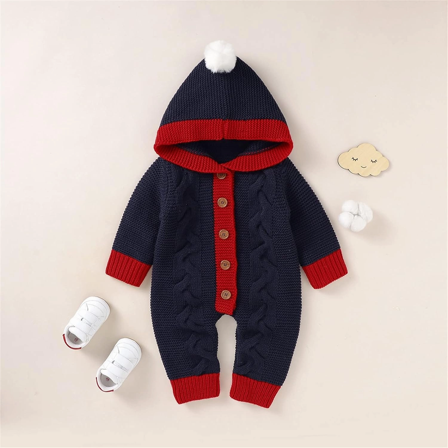 Baby Boys Girls Christmas Clothes Newborn Hooded Sweater Knit Romper Long Sleeve Knit Jumpsuit Sweater Xmas Clothing