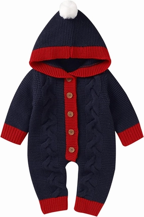 Baby Boys Girls Christmas Clothes Newborn Hooded Sweater Knit Romper Long Sleeve Knit Jumpsuit Sweater Xmas Clothing