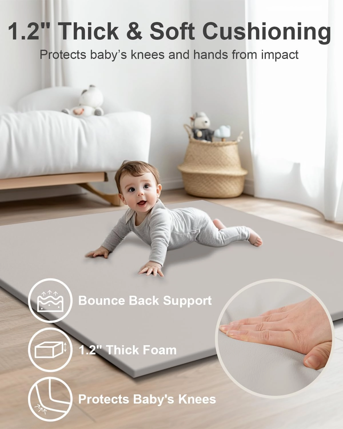 Baby Play Mat for Floor – Vegan Leather Playpen Mat, Extra Thick Foam, Waterproof & Non-Slip Crawling Mat, Easy Wipe-Clean Floor Mat for Infants and Toddlers, Grey