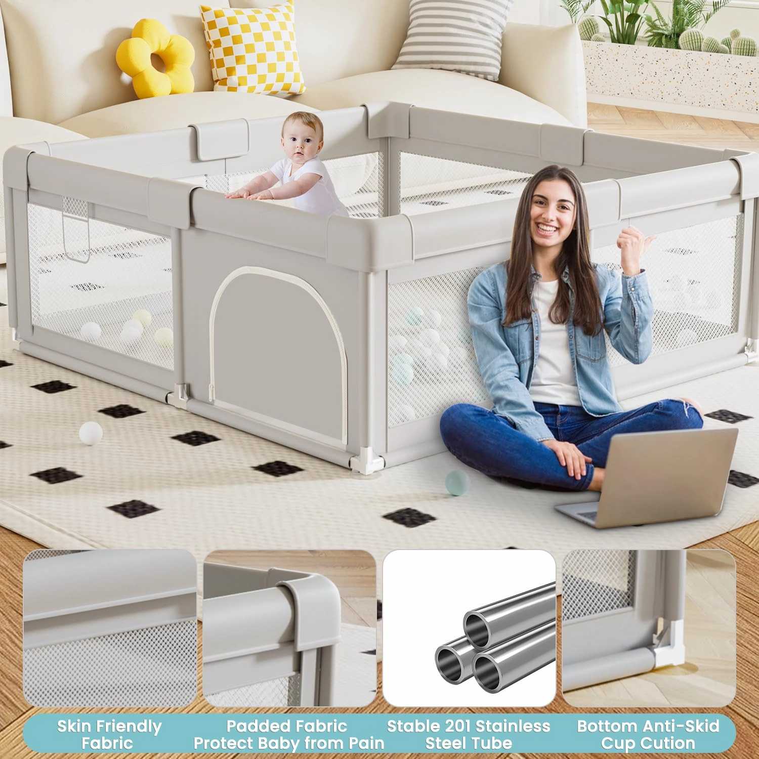 Baby Playpen 50x50 Inch, Play Pens for Babies and Toddlers Baby Fence Baby Play Yards for Indoor & Outdoor with Breathable Mesh Anti-Fall Playpen