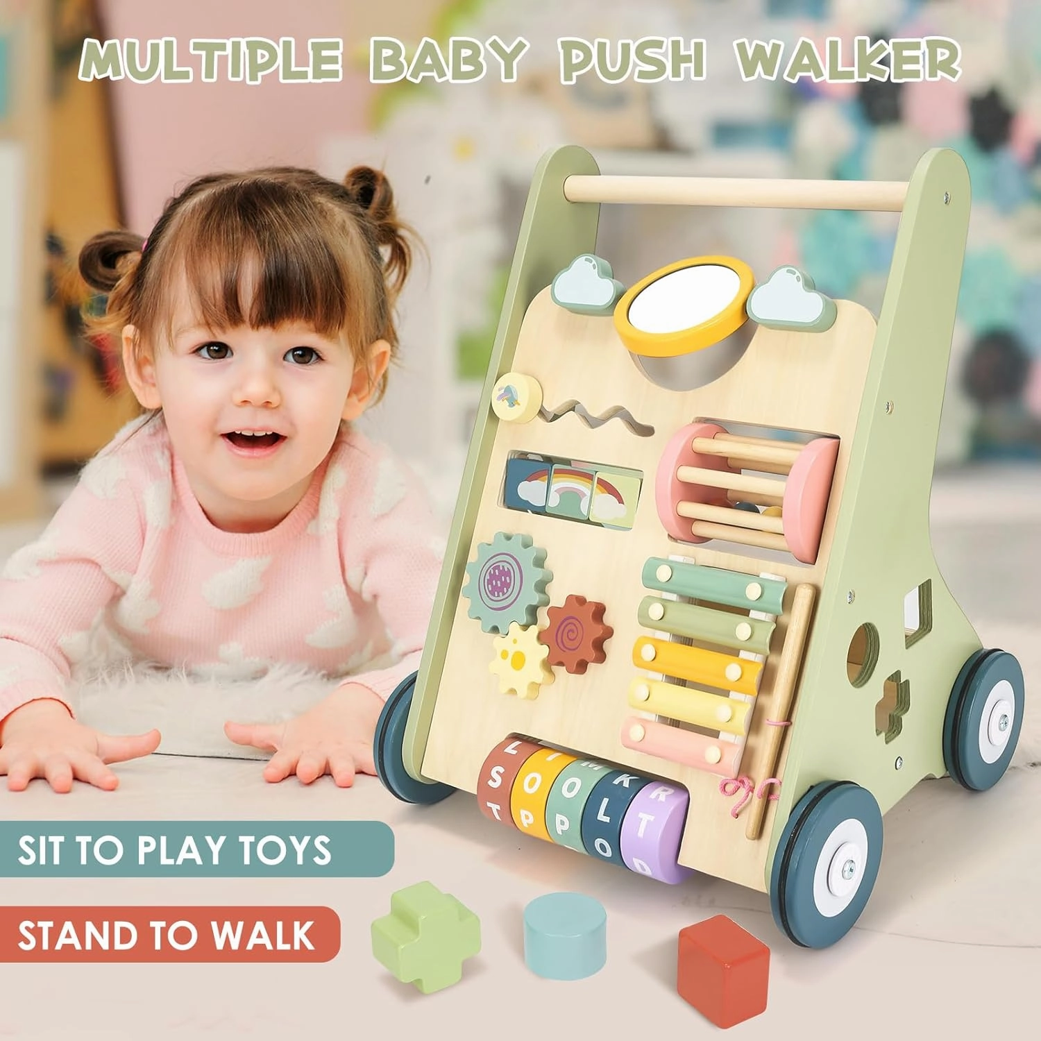 Baby Push Walker, Wooden Baby Walker with Wheels, Montessori Push Walker for Babies 6-12 Months, Push Walking Toys for Boys&Girls 1 Year Old, Gifts for Toddler