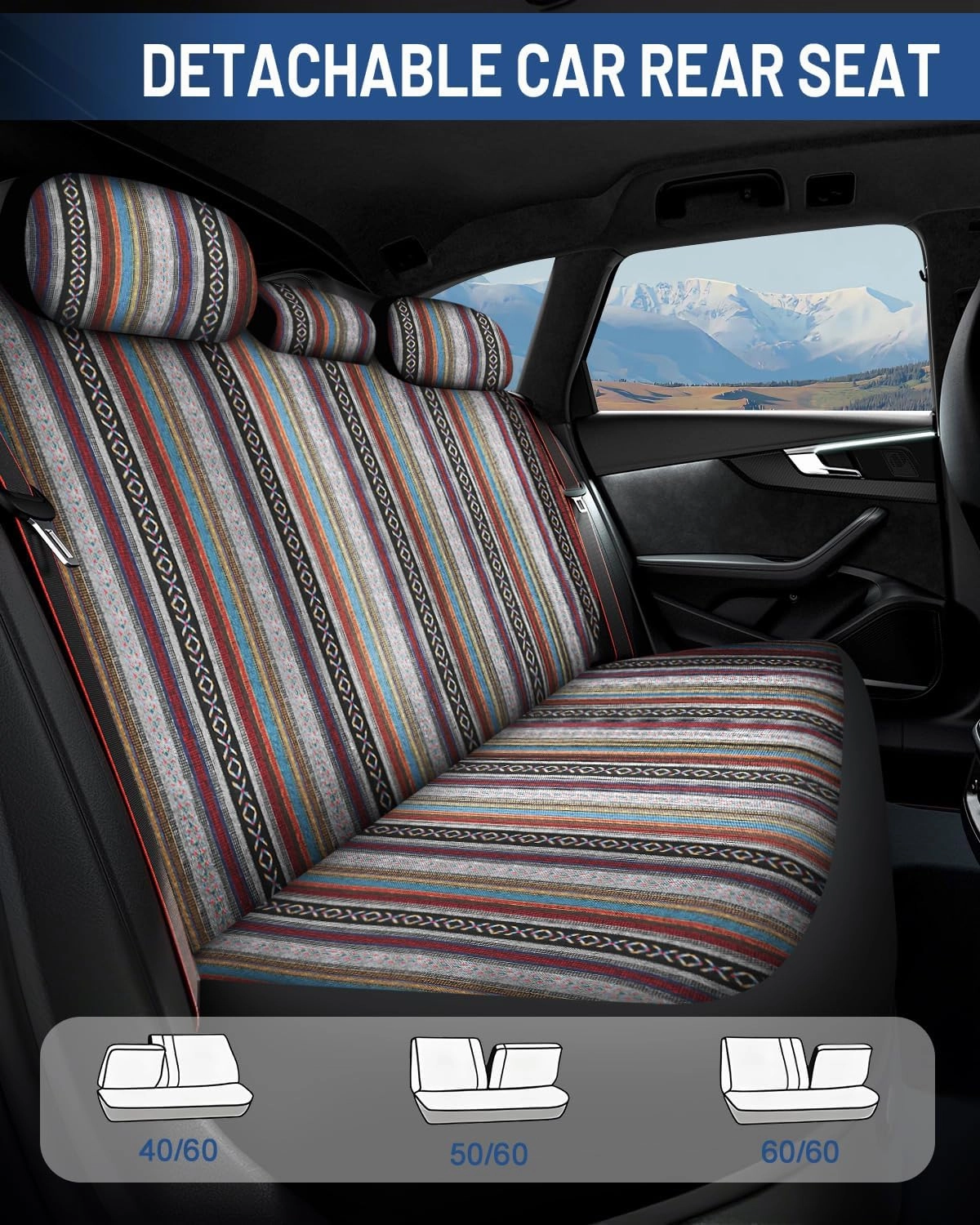 Baja Saddle Blanket Car Seat Covers Full Set with Seat Belt Pads and Steering Wheel Cover, Washable Breathable Striped Woven Cloth Seat Covers for Cars, SUV, (Red)