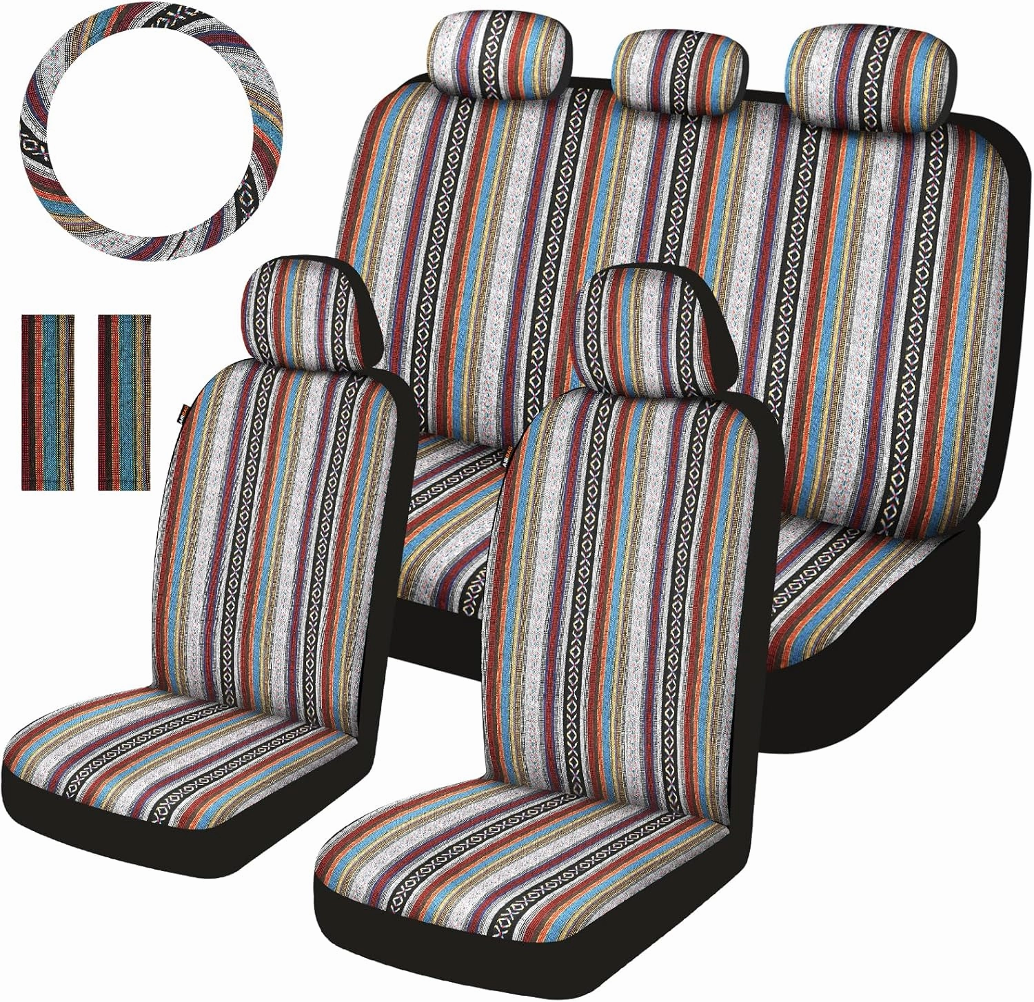 Baja Saddle Blanket Car Seat Covers Full Set with Seat Belt Pads and Steering Wheel Cover, Washable Breathable Striped Woven Cloth Seat Covers for Cars, SUV, (Red)