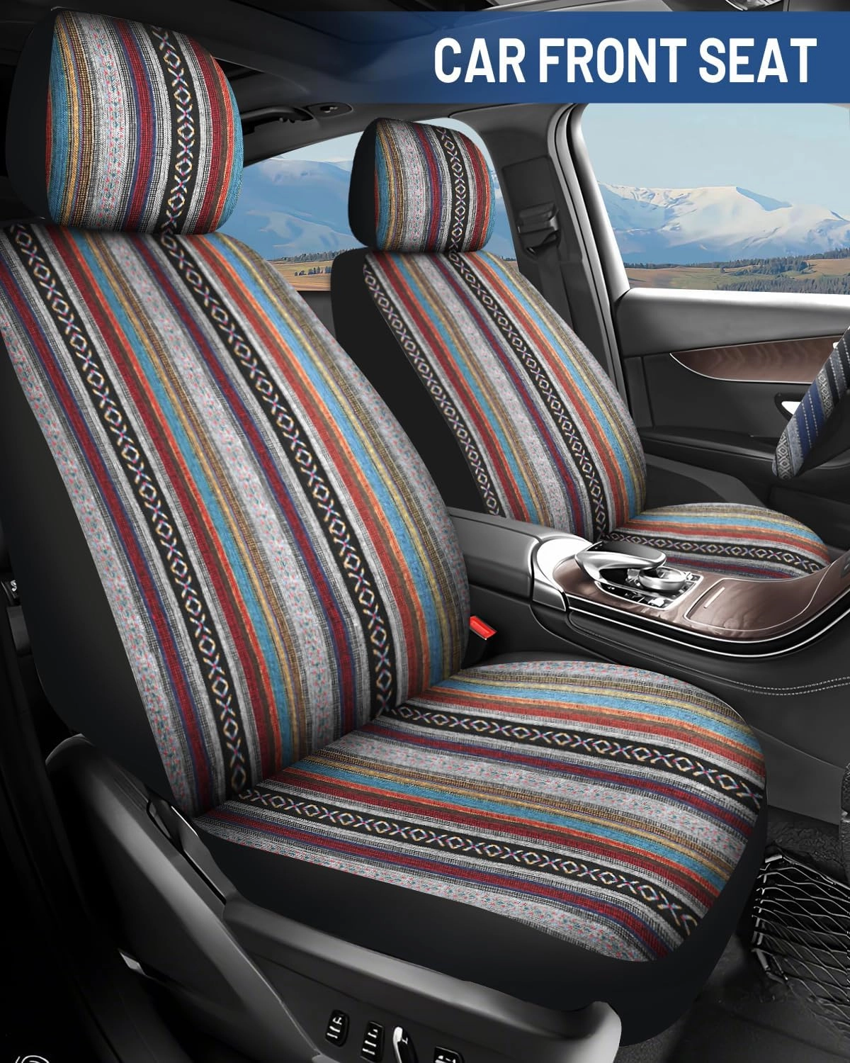 Baja Saddle Blanket Car Seat Covers Full Set with Seat Belt Pads and Steering Wheel Cover, Washable Breathable Striped Woven Cloth Seat Covers for Cars, SUV, (Red)