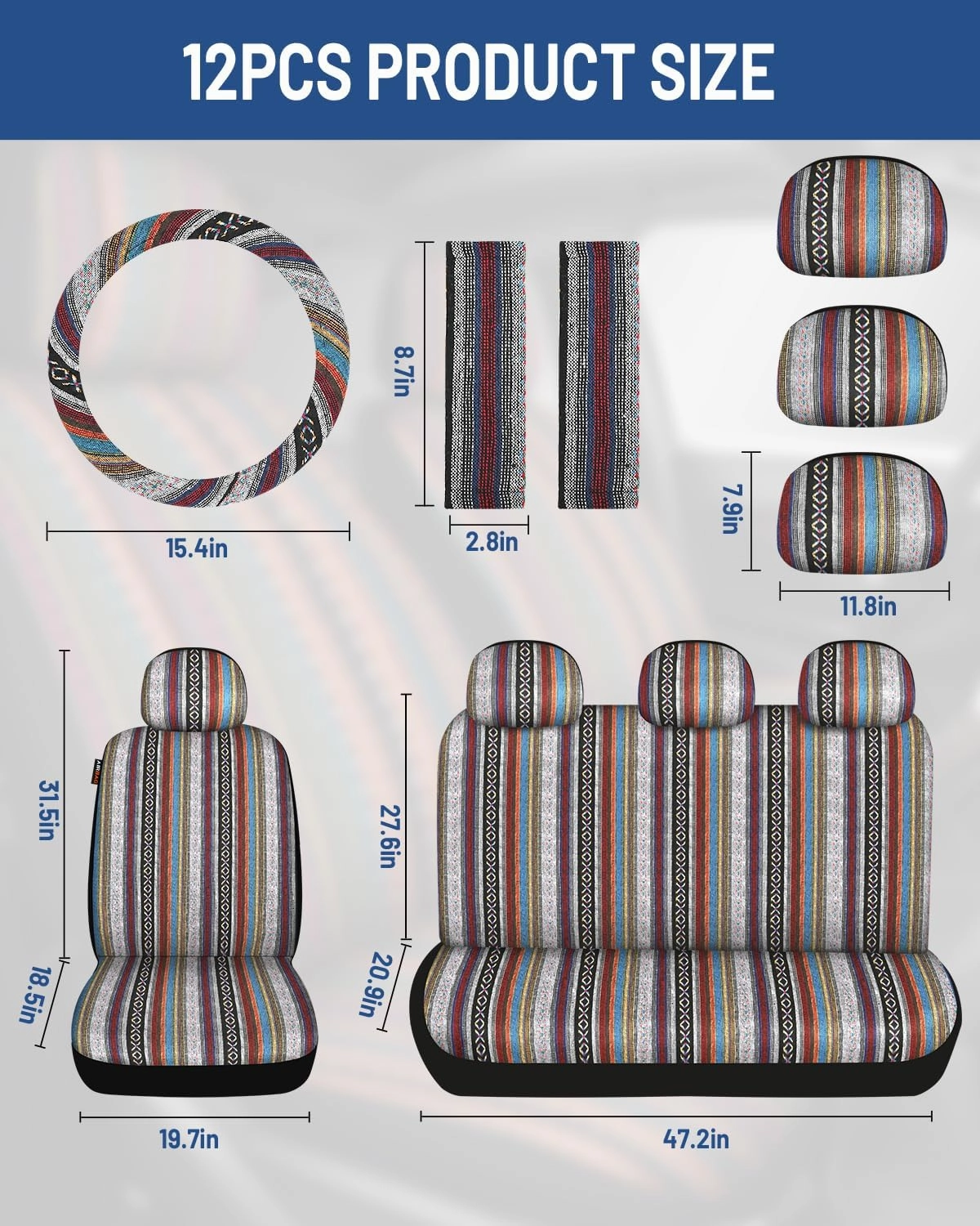 Baja Saddle Blanket Car Seat Covers Full Set with Seat Belt Pads and Steering Wheel Cover, Washable Breathable Striped Woven Cloth Seat Covers for Cars, SUV, (Red)