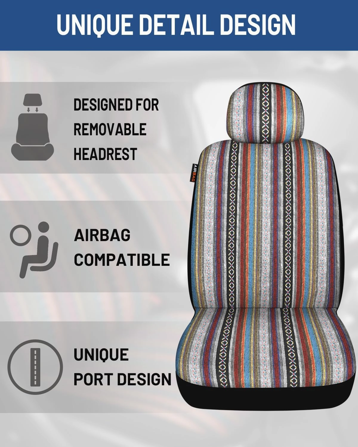 Baja Saddle Blanket Car Seat Covers Full Set with Seat Belt Pads and Steering Wheel Cover, Washable Breathable Striped Woven Cloth Seat Covers for Cars, SUV, (Red)