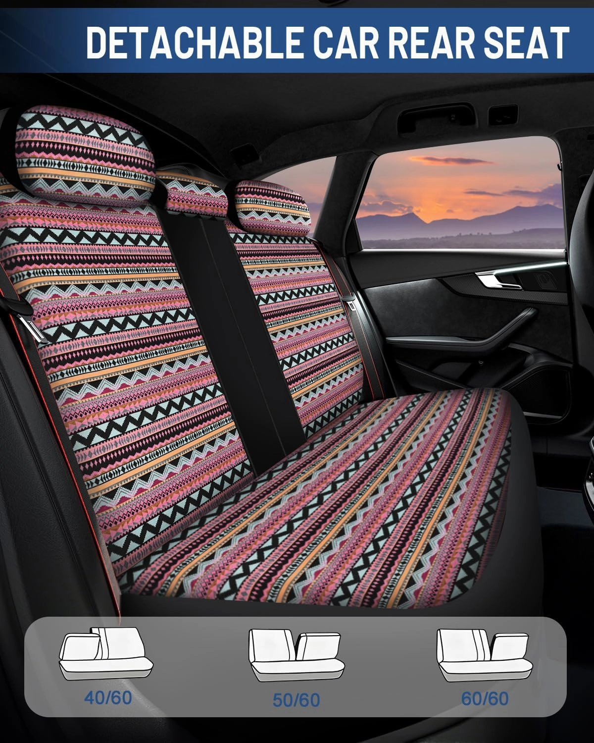 Baja Saddle Blanket Car Seat Covers Full Set with Seat Belt Pads and Steering Wheel Cover, Washable Breathable Striped Woven Cloth Seat Covers for Cars, SUV, Truck,(Green/Black)