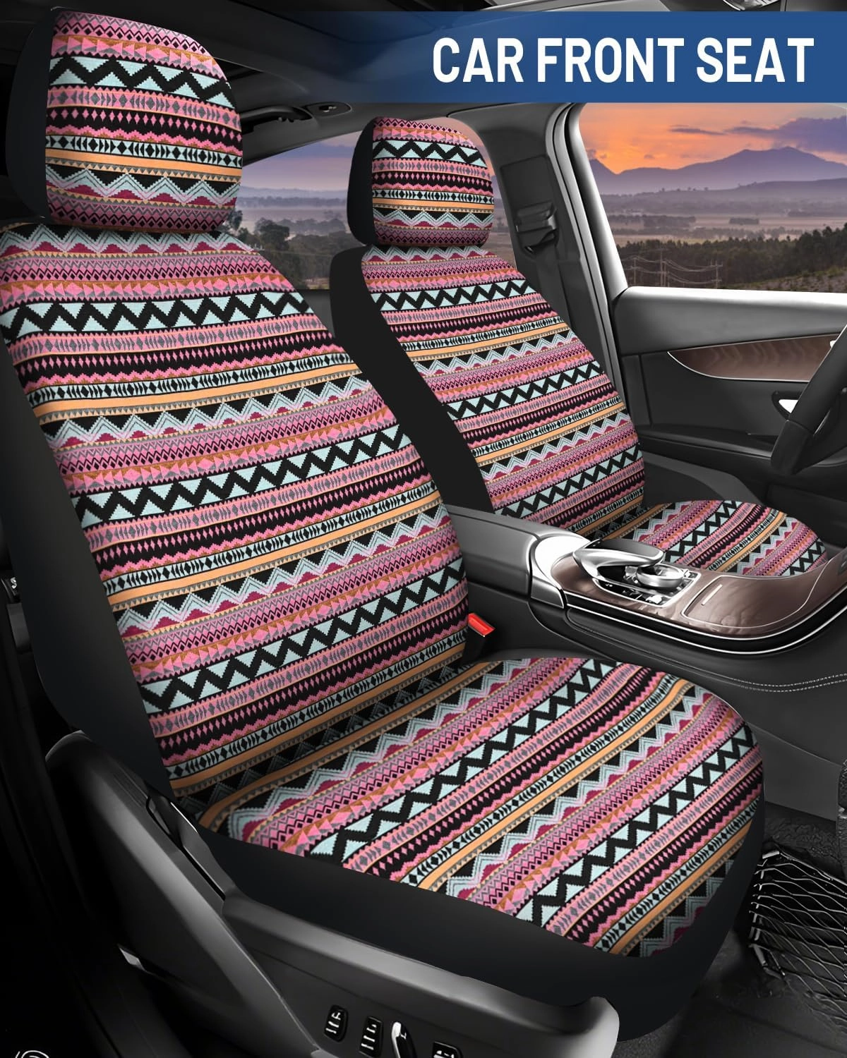 Baja Saddle Blanket Car Seat Covers Full Set with Seat Belt Pads and Steering Wheel Cover, Washable Breathable Striped Woven Cloth Seat Covers for Cars, SUV, Truck,(Green/Black)