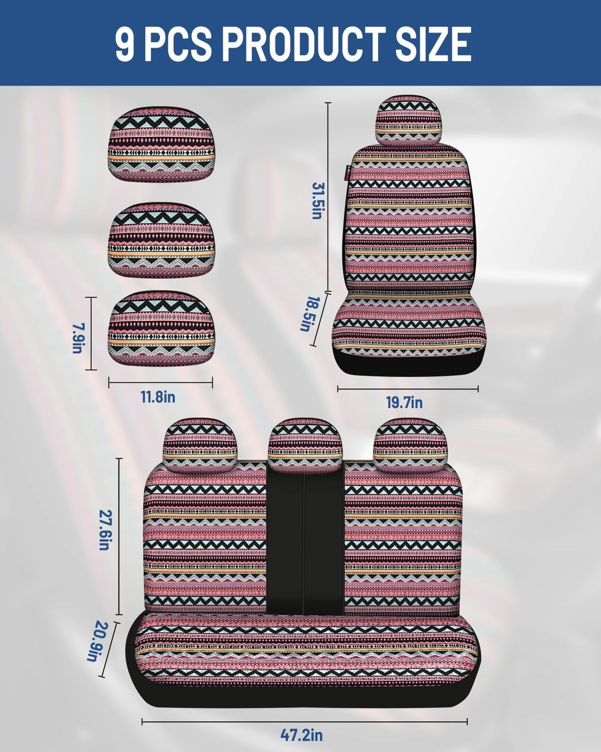 Baja Saddle Blanket Car Seat Covers Full Set with Seat Belt Pads and Steering Wheel Cover, Washable Breathable Striped Woven Cloth Seat Covers for Cars, SUV, Truck,(Green/Black)