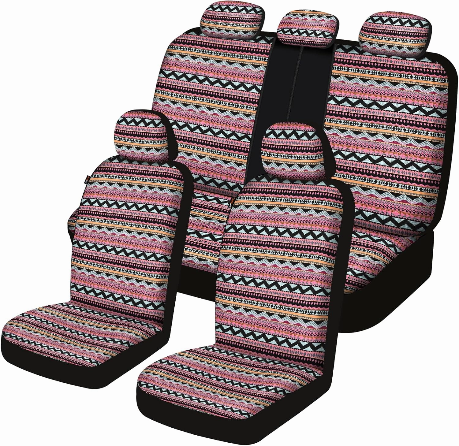 Baja Saddle Blanket Car Seat Covers Full Set with Seat Belt Pads and Steering Wheel Cover, Washable Breathable Striped Woven Cloth Seat Covers for Cars, SUV, Truck,(Green/Black)