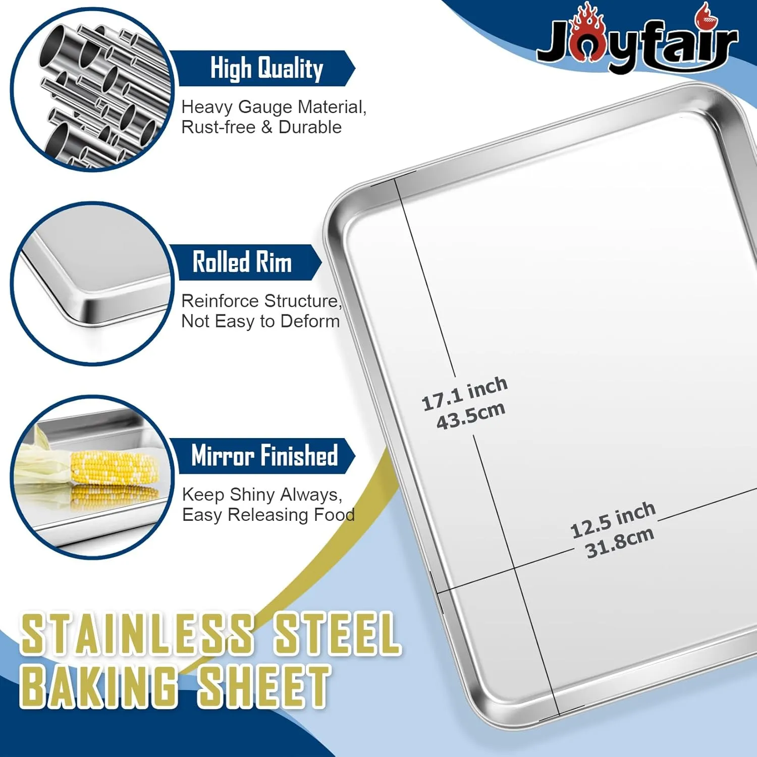Baking Sheet Pan with Rack Set (4 Pcs), Joyfair Stainless Steel Cookie Sheets with Cooling Racks, Rectangular Bakeware for Jelly Roll/Bacon, Commercial Grade & Rust-free, Dishwasher Safe (17.5 Inch)