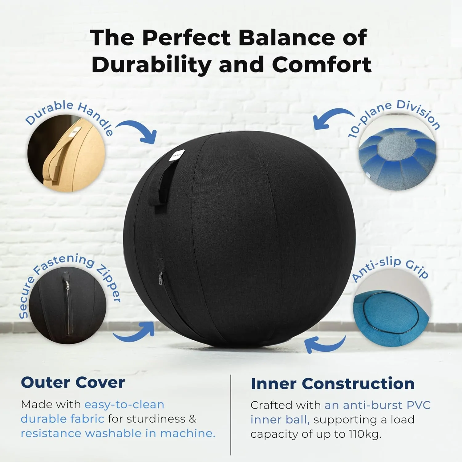 Balance Ball Chair for Office & Home - Ergonomic Exercise Ball for Posture & Back Pain Relief, Yoga Ball Chair - Sitting Ball with Washable Linen Cover