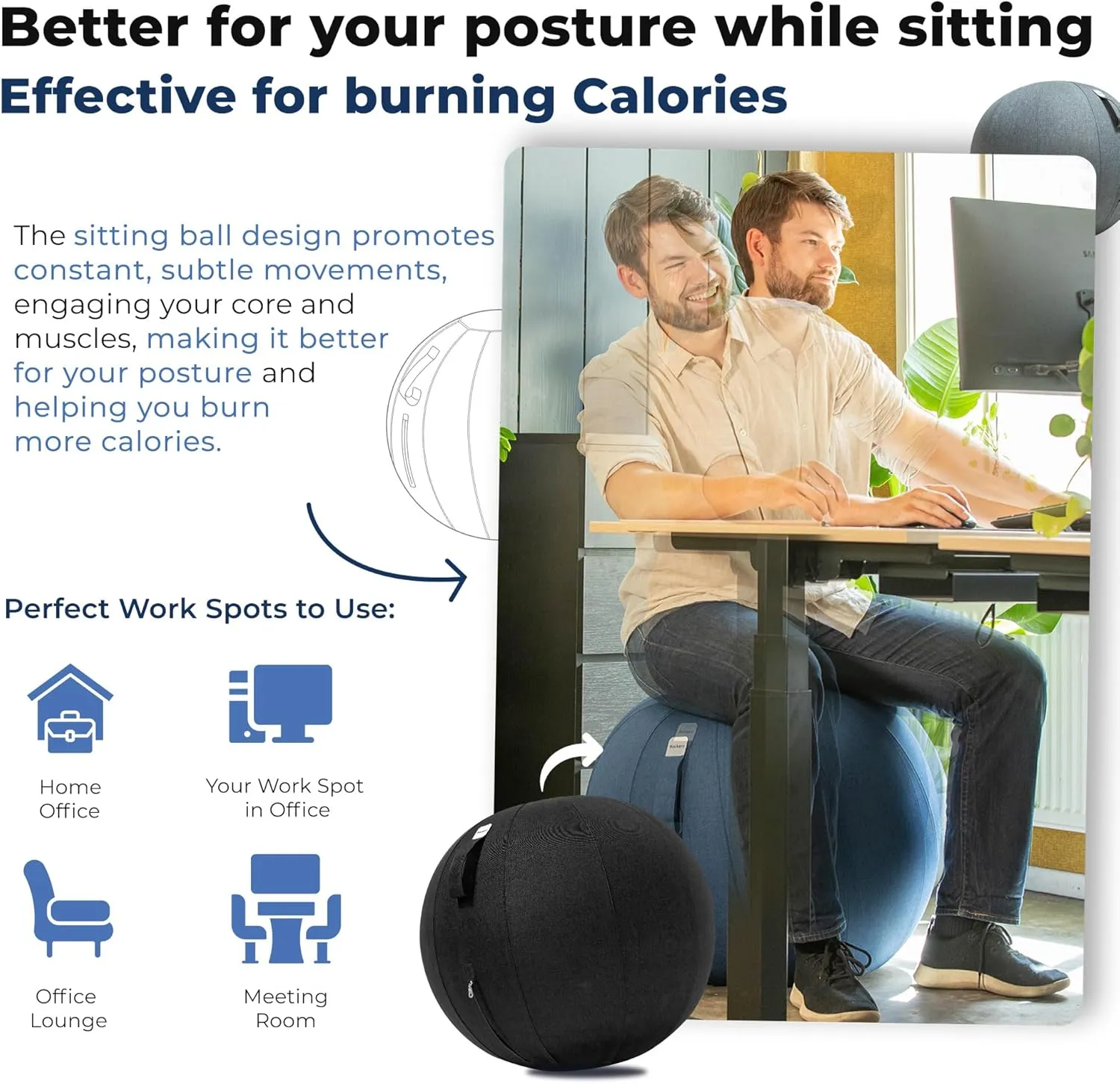 Balance Ball Chair for Office & Home - Ergonomic Exercise Ball for Posture & Back Pain Relief, Yoga Ball Chair - Sitting Ball with Washable Linen Cover