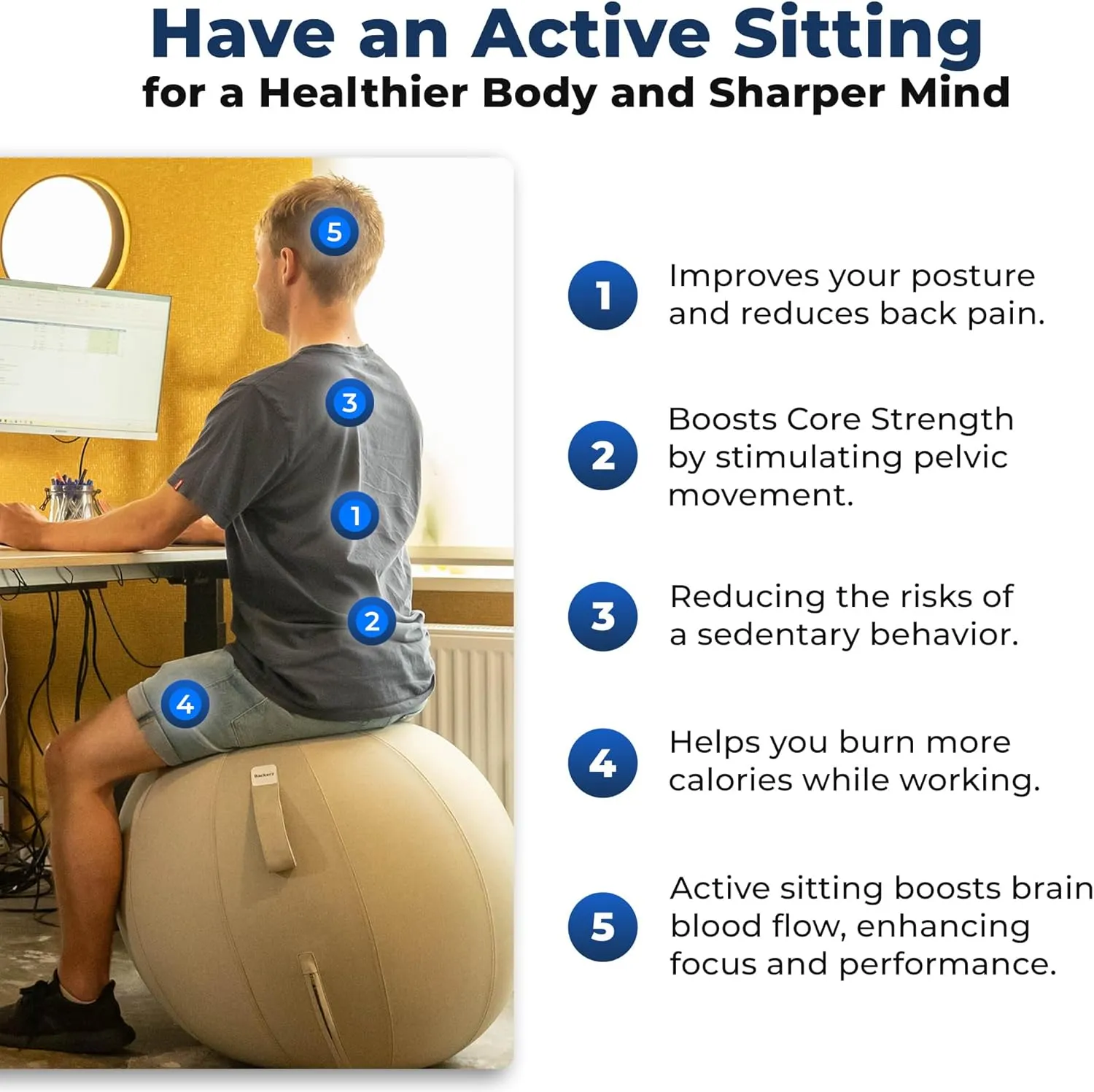 Balance Ball Chair for Office & Home - Ergonomic Exercise Ball for Posture & Back Pain Relief, Yoga Ball Chair - Sitting Ball with Washable Linen Cover