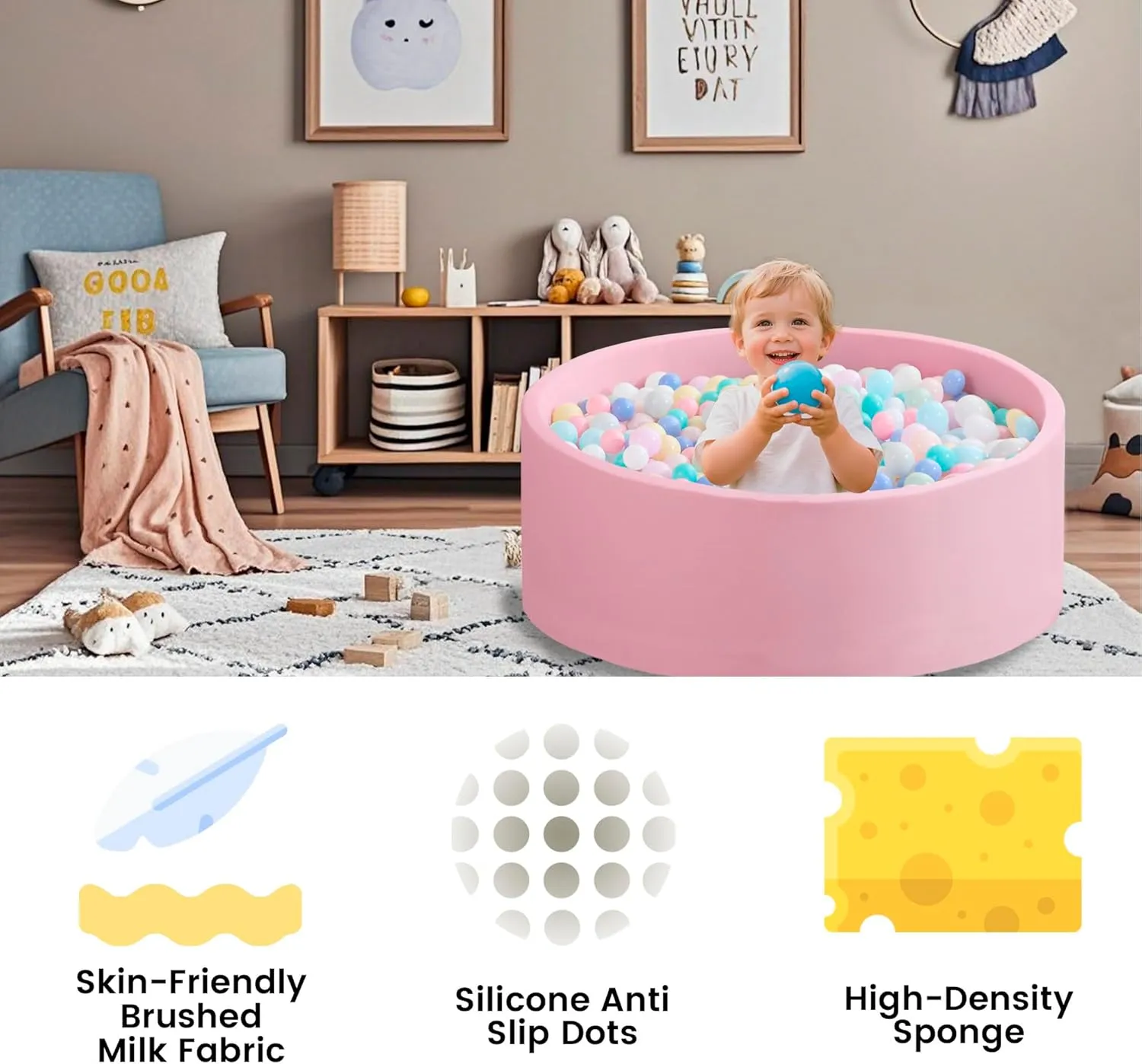 Ball Pit for Toddlers 35.43''x11.81 Baby Ball Pits Soft Memory Foam Ball Pit Round Kids Ball Pit Indoor Game Kids Play Ball Pool Ideal Gift for Girls and Boys (Pink, NO Balls)