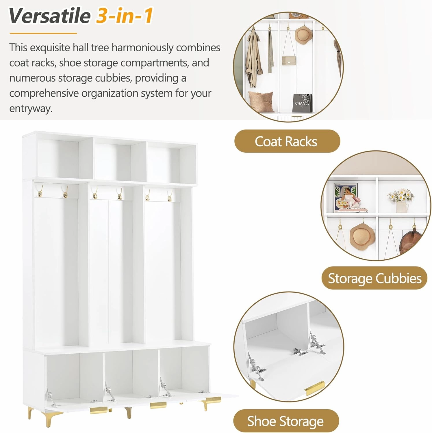 Ball & Cast 49.6" Hall Tree with Bench and Shoe Storage, 5-in-1 Entryway Cabinet with High Gloss Fluted Doors and Open Shelves,Mordern Coat Rack with 6 Gold Hooks and Legs for Hallway, White