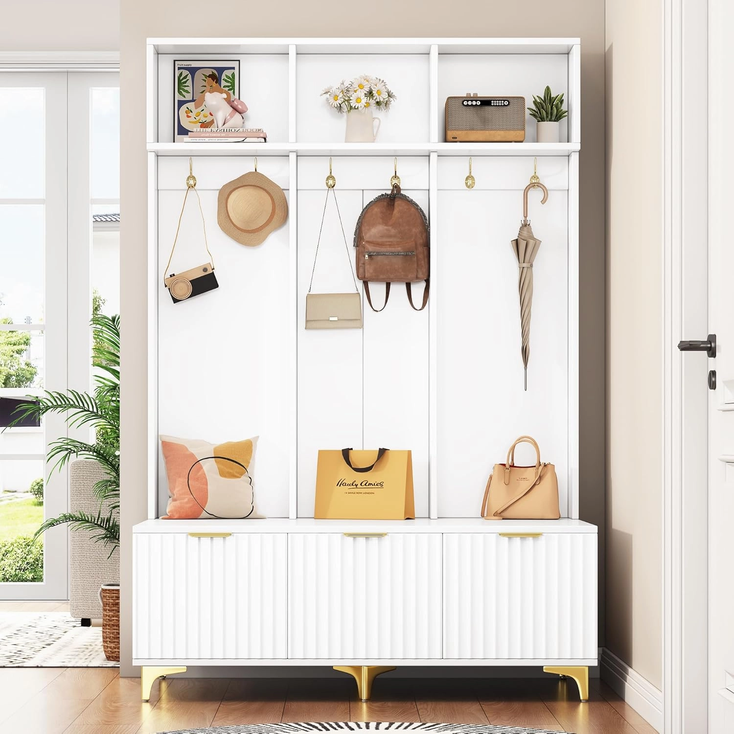 Ball & Cast 49.6" Hall Tree with Bench and Shoe Storage, 5-in-1 Entryway Cabinet with High Gloss Fluted Doors and Open Shelves,Mordern Coat Rack with 6 Gold Hooks and Legs for Hallway, White