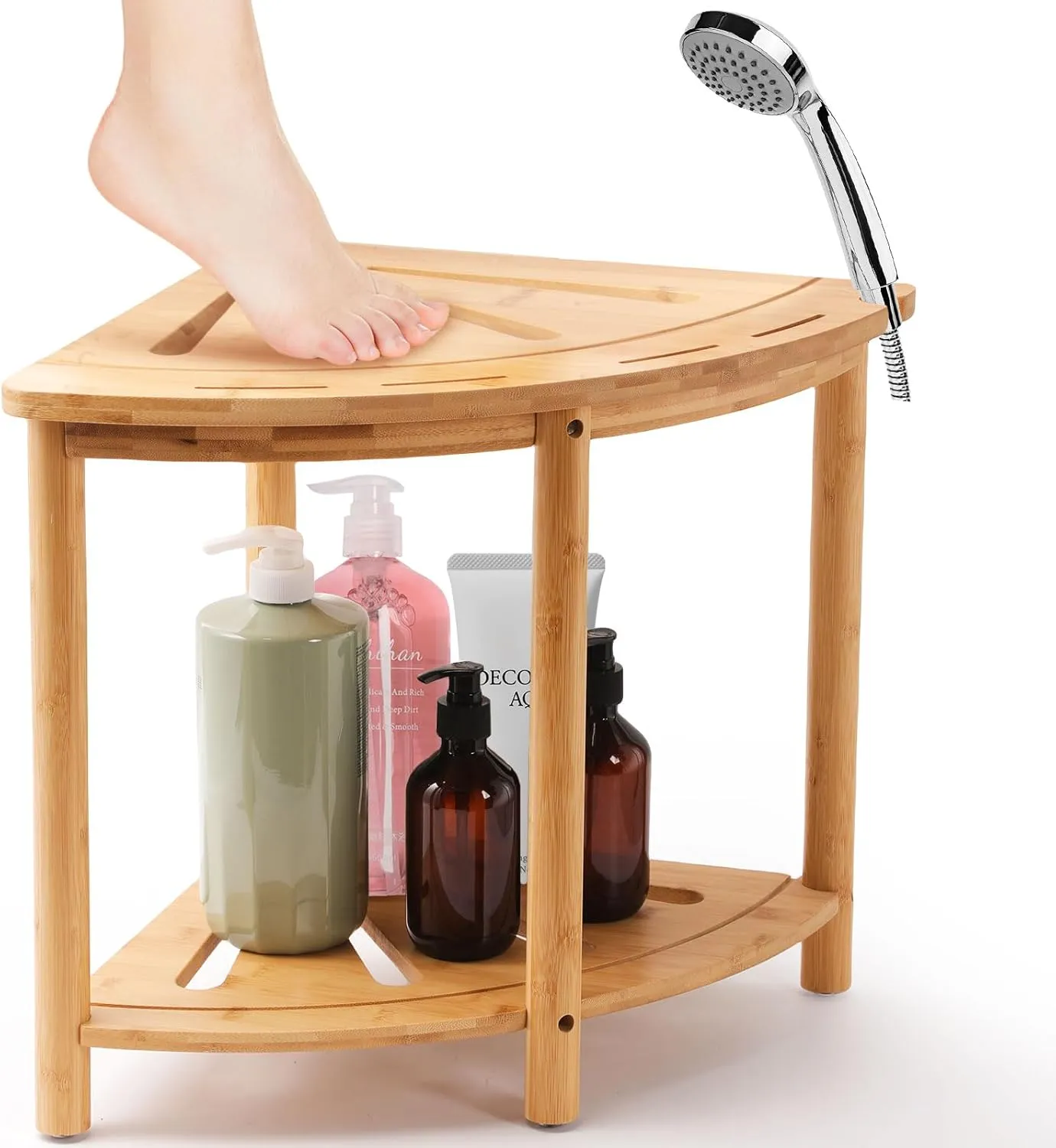 Bamboo Corner Shower Stool, Shower Stool for Shaving Legs for Inside Shower, Bathroom Bench Seat Corner Table for Small Space