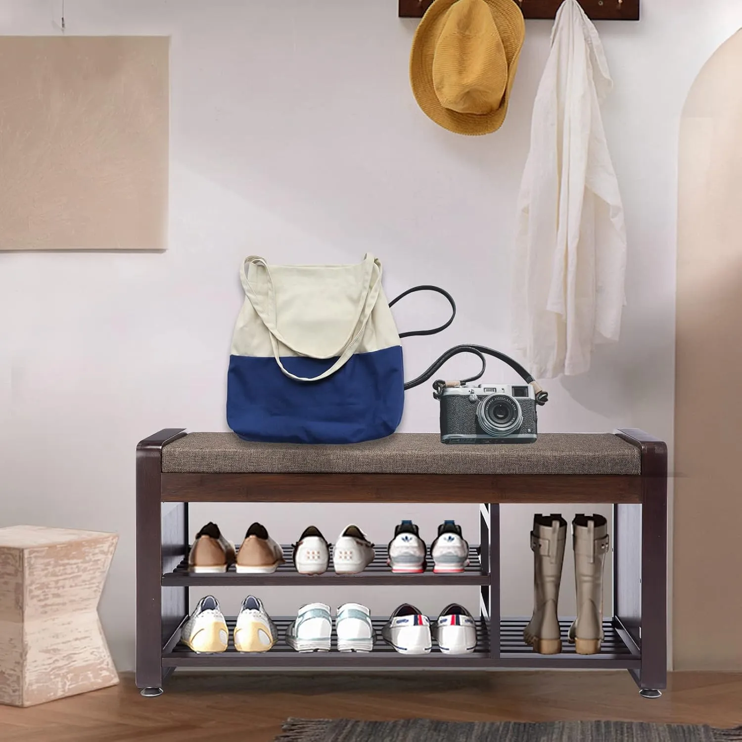 Bamboo Shoe Bench with 3 Side Hooks, Removable Grey Cushion, 2-Tier Entryway Shoe Storage, 37.4"x11.4"x19.3"