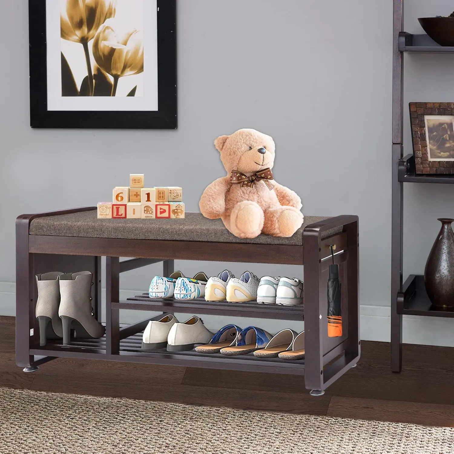 Bamboo Shoe Bench with 3 Side Hooks, Removable Grey Cushion, 2-Tier Entryway Shoe Storage, 37.4"x11.4"x19.3"