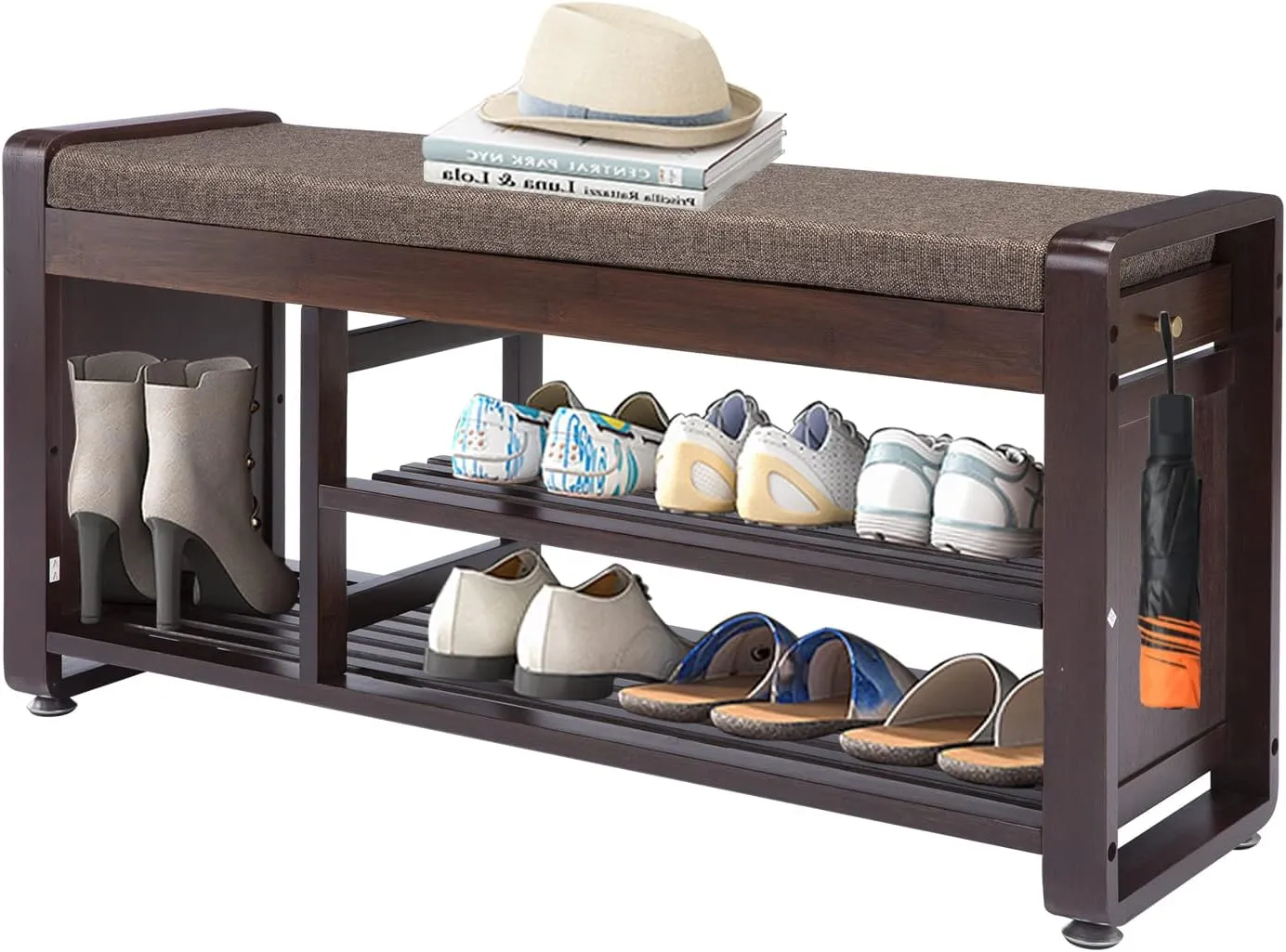 Bamboo Shoe Bench with 3 Side Hooks, Removable Grey Cushion, 2-Tier Entryway Shoe Storage, 37.4"x11.4"x19.3"