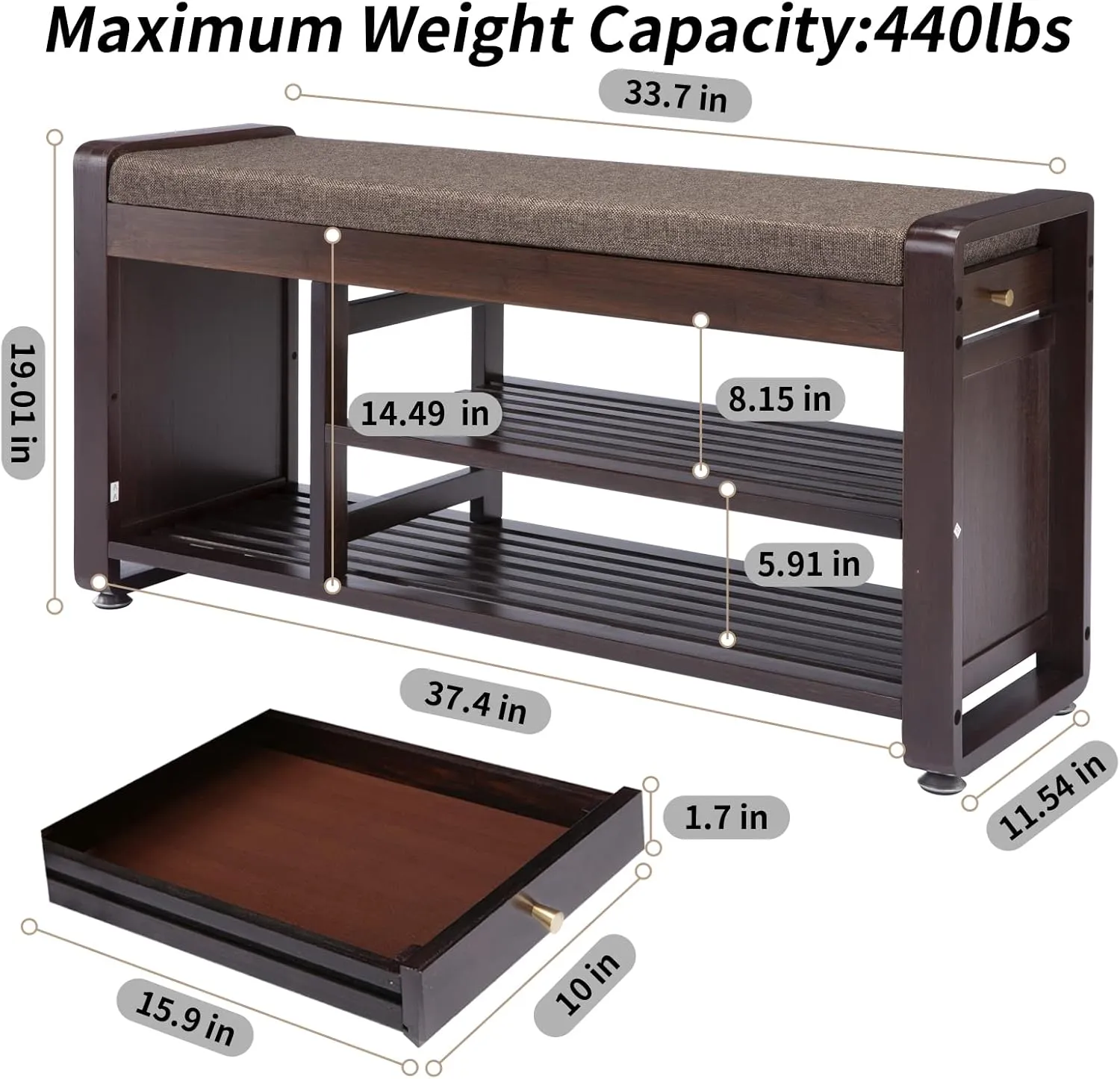 Bamboo Shoe Bench with 3 Side Hooks, Removable Grey Cushion, 2-Tier Entryway Shoe Storage, 37.4"x11.4"x19.3"