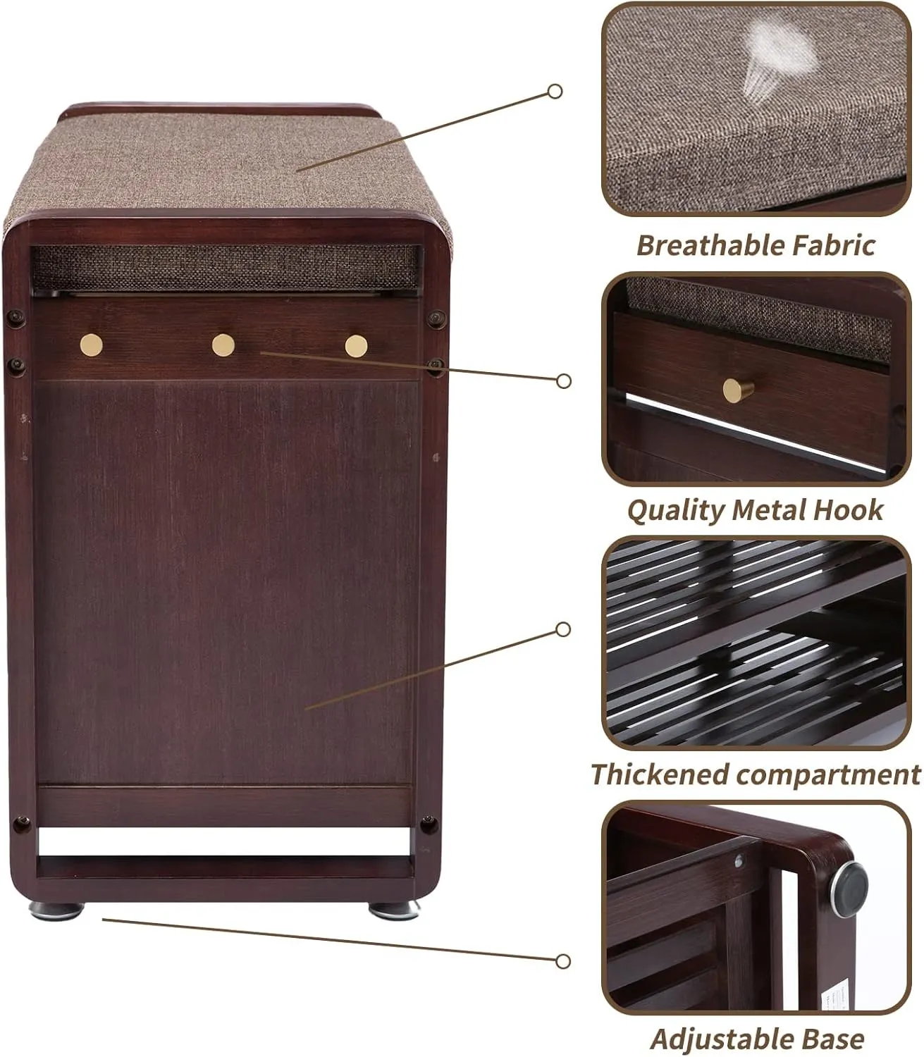 Bamboo Shoe Bench with 3 Side Hooks, Removable Grey Cushion, 2-Tier Entryway Shoe Storage, 37.4"x11.4"x19.3"