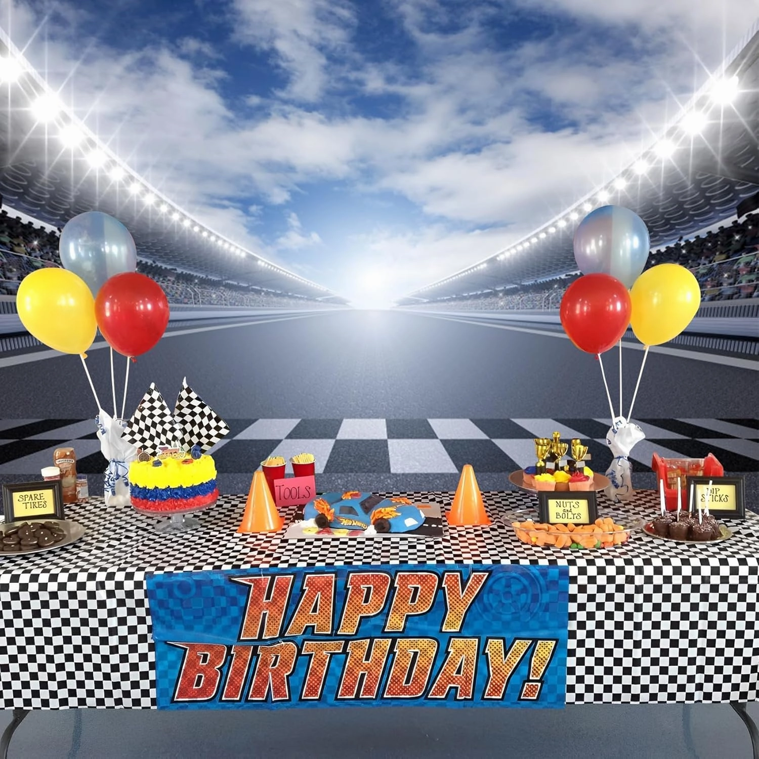 Baocicco 7x5ft Racing Car Backdrop Finish Line Track Spot Lights Spectators Photography Background Champion Party Club Birthday Party Speed Racer Portrait