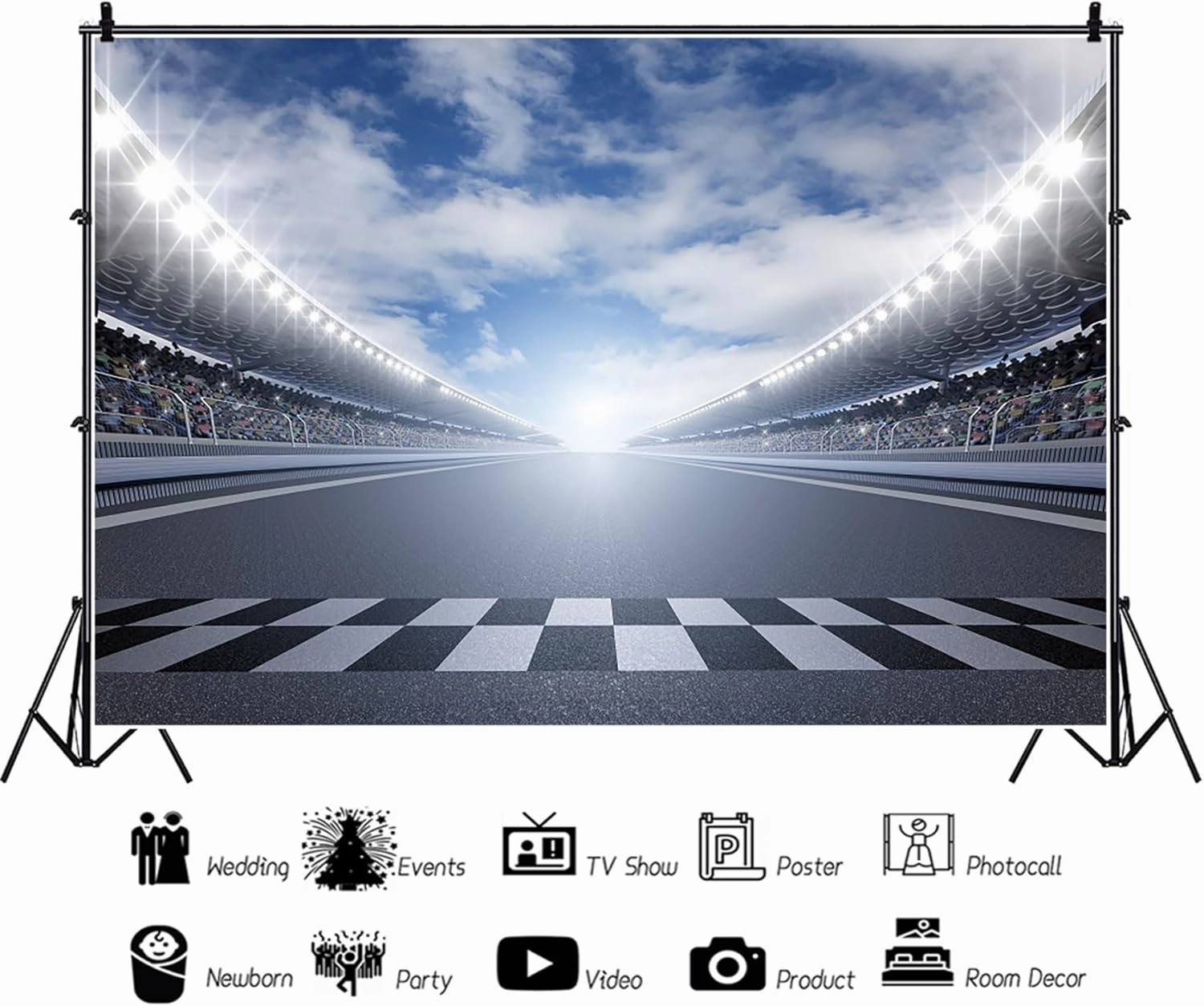 Baocicco 7x5ft Racing Car Backdrop Finish Line Track Spot Lights Spectators Photography Background Champion Party Club Birthday Party Speed Racer Portrait