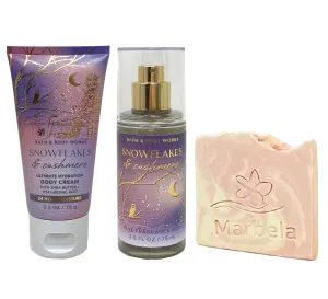 Bath & Body Works Snowflakes & Cashmere Mini Fragrance Mist and Body Cream Bundle with a Himalayan Salts Springs Sample Soap - Travel Size