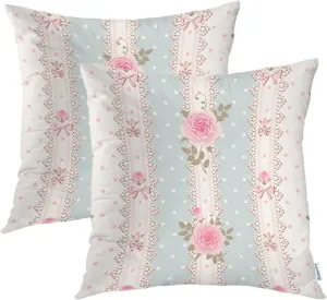Batmerry Shabby Chic Roses Throw Pillow Covers,Vintage Floral Stripes Polka Dot Laces Decorative Pillow Covers Digital Printing Blended Fabric for Couch Sofa Bed Invisible Zipper 20X20 in