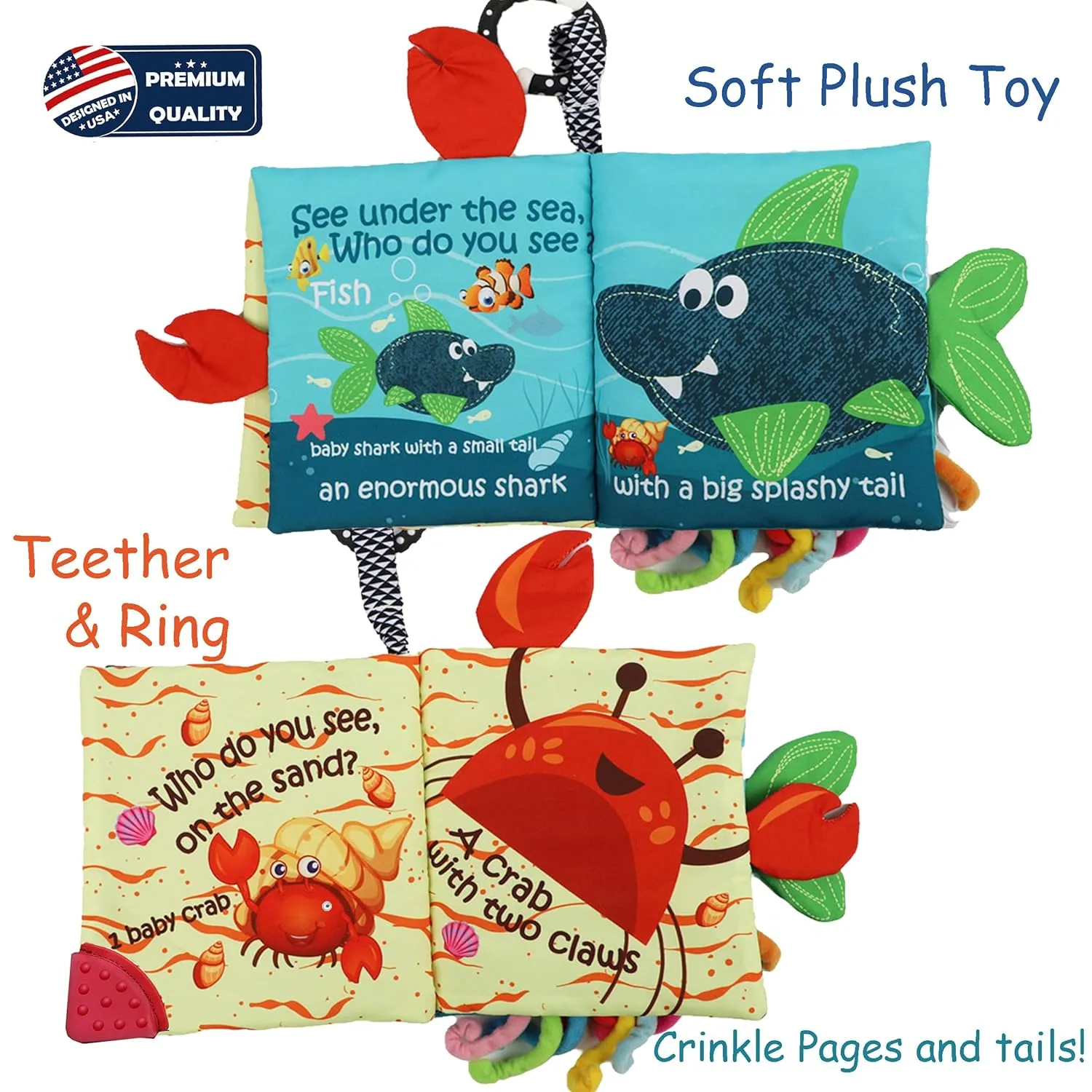 bebe mondo Fish Baby Book 0-6 Months,Touch Feel Cloth Crinkle Books for Babies,Infant Baby Toys 6-12 Months,Learning Education Soft Sensory Mirror Toy,Shower Gifts Easter for Boys Girls-Teether
