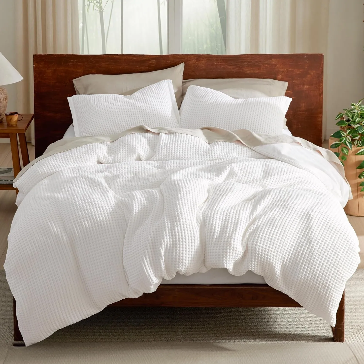 Bedsure Cooling Waffle Duvet Cover King - Cotton Blend Rayon Derived from Bamboo Duvet Cover Set for Hot Sleepers, Breathable Bedding Set With a Vintage Charm, 3 Pieces (Coconut White, King, 104"x90")