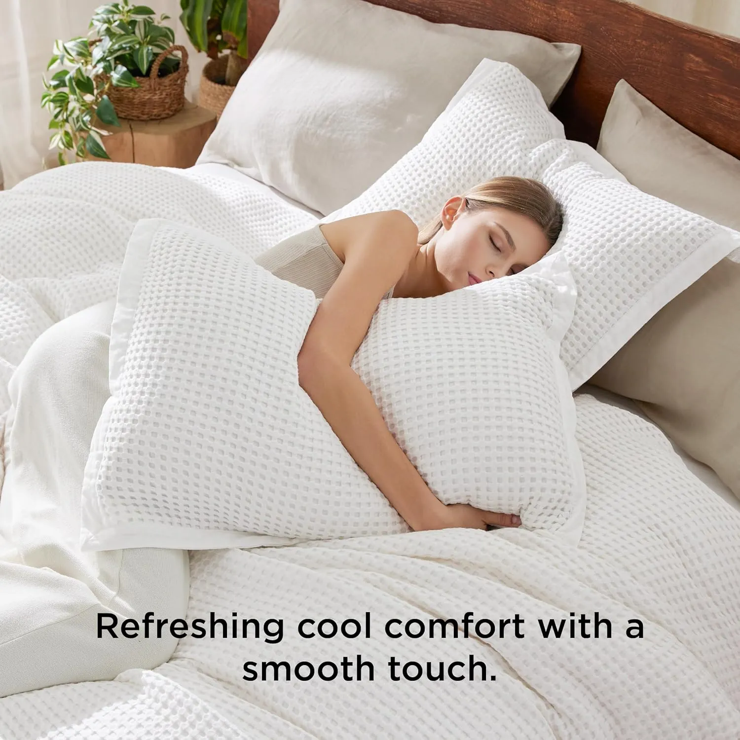 Bedsure Cooling Waffle Duvet Cover King - Cotton Blend Rayon Derived from Bamboo Duvet Cover Set for Hot Sleepers, Breathable Bedding Set With a Vintage Charm, 3 Pieces (Coconut White, King, 104"x90")