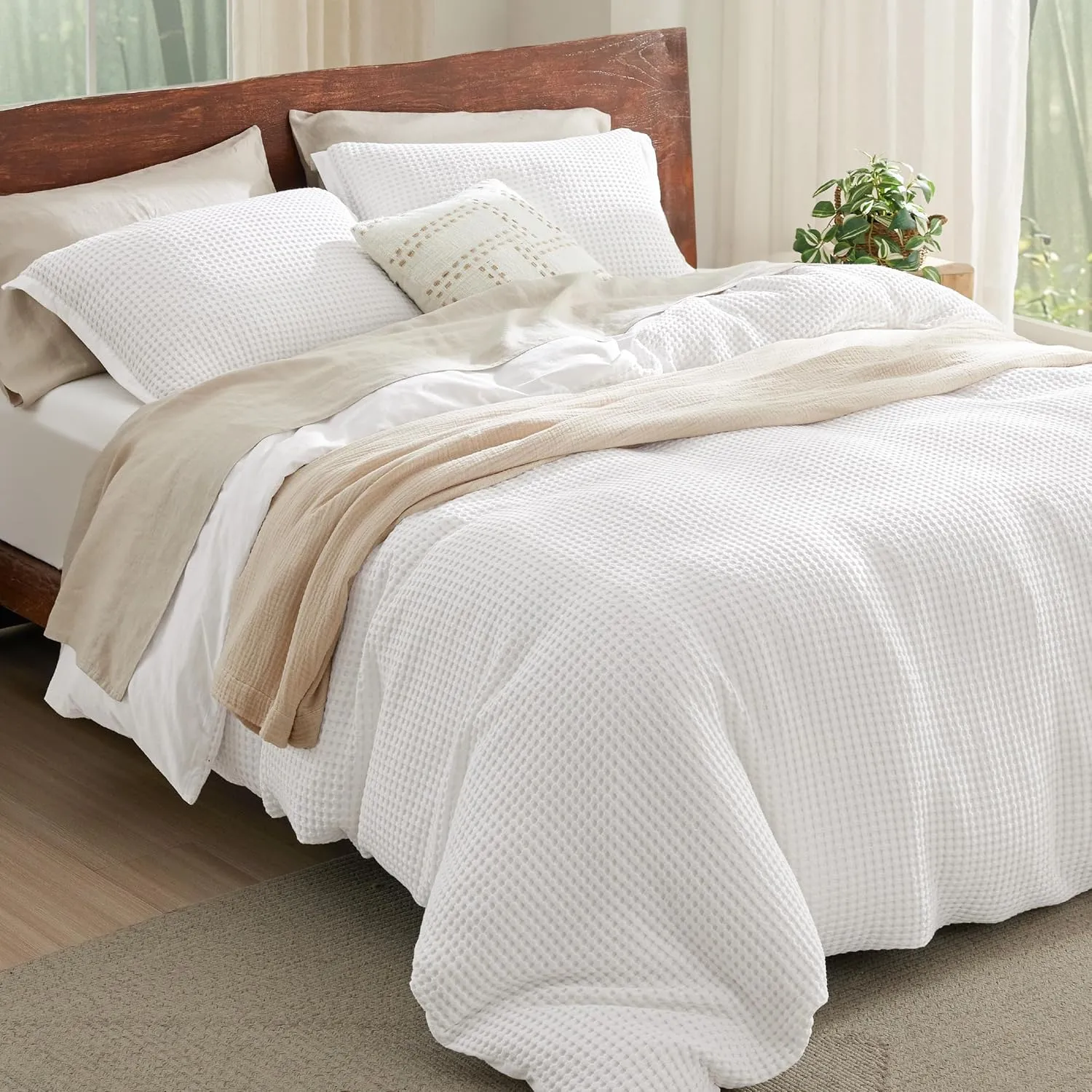 Bedsure Cooling Waffle Duvet Cover King - Cotton Blend Rayon Derived from Bamboo Duvet Cover Set for Hot Sleepers, Breathable Bedding Set With a Vintage Charm, 3 Pieces (Coconut White, King, 104"x90")