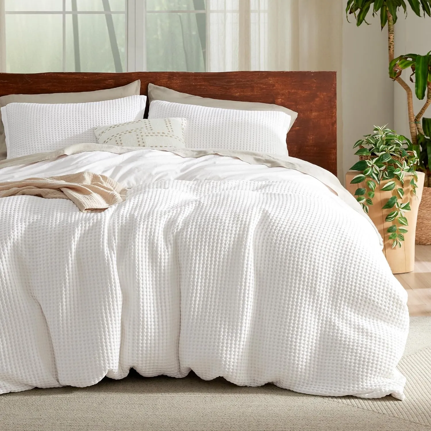 Bedsure Cooling Waffle Duvet Cover King - Cotton Blend Rayon Derived from Bamboo Duvet Cover Set for Hot Sleepers, Breathable Bedding Set With a Vintage Charm, 3 Pieces (Coconut White, King, 104"x90")