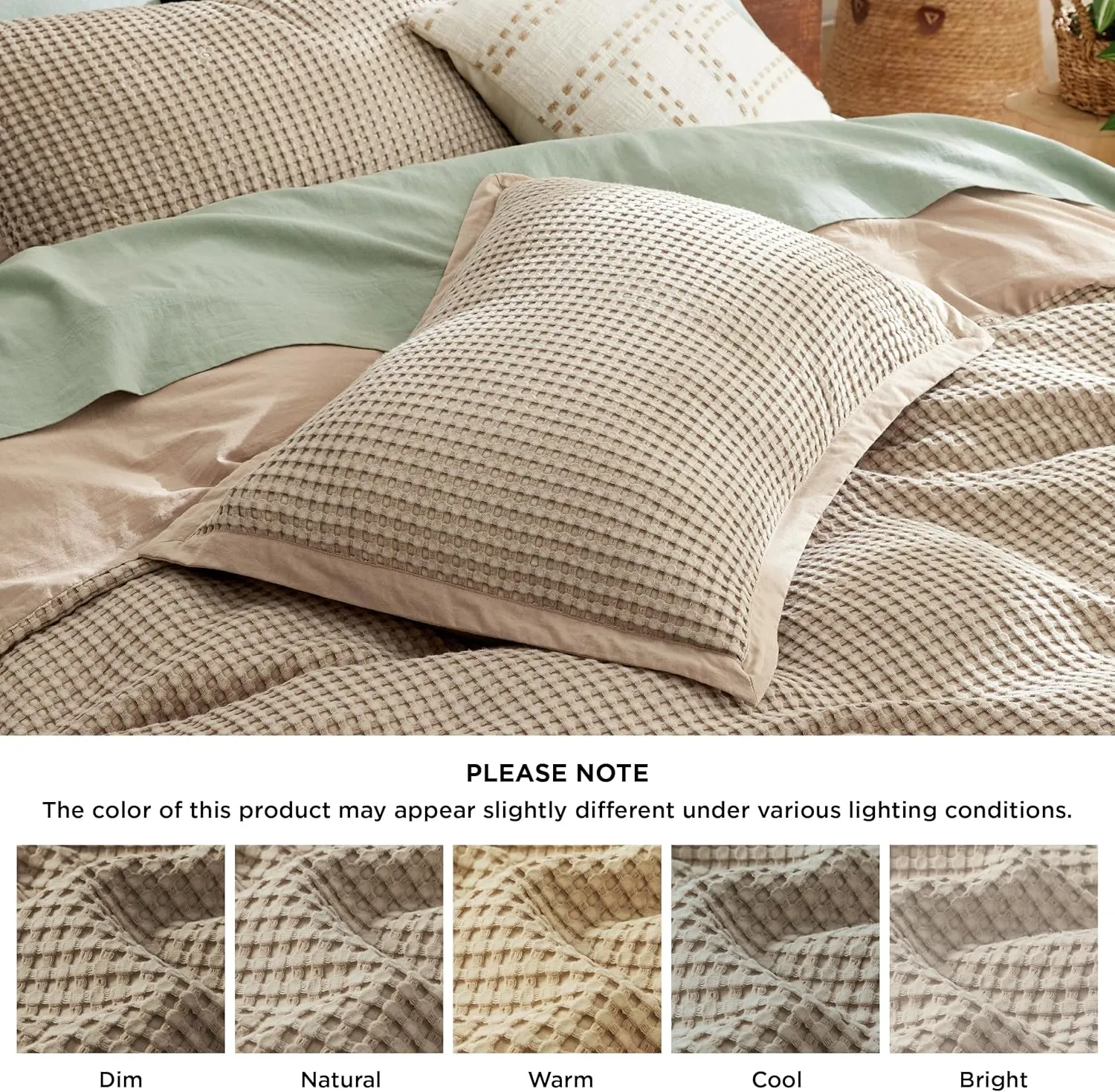 Bedsure Cooling Waffle Duvet Cover King - Cotton Blend Rayon Derived from Bamboo Duvet Cover Set for Hot Sleepers, Breathable Bedding Set with a Vintage Charm, 3 Pieces (Taupe, King, 104"x90")
