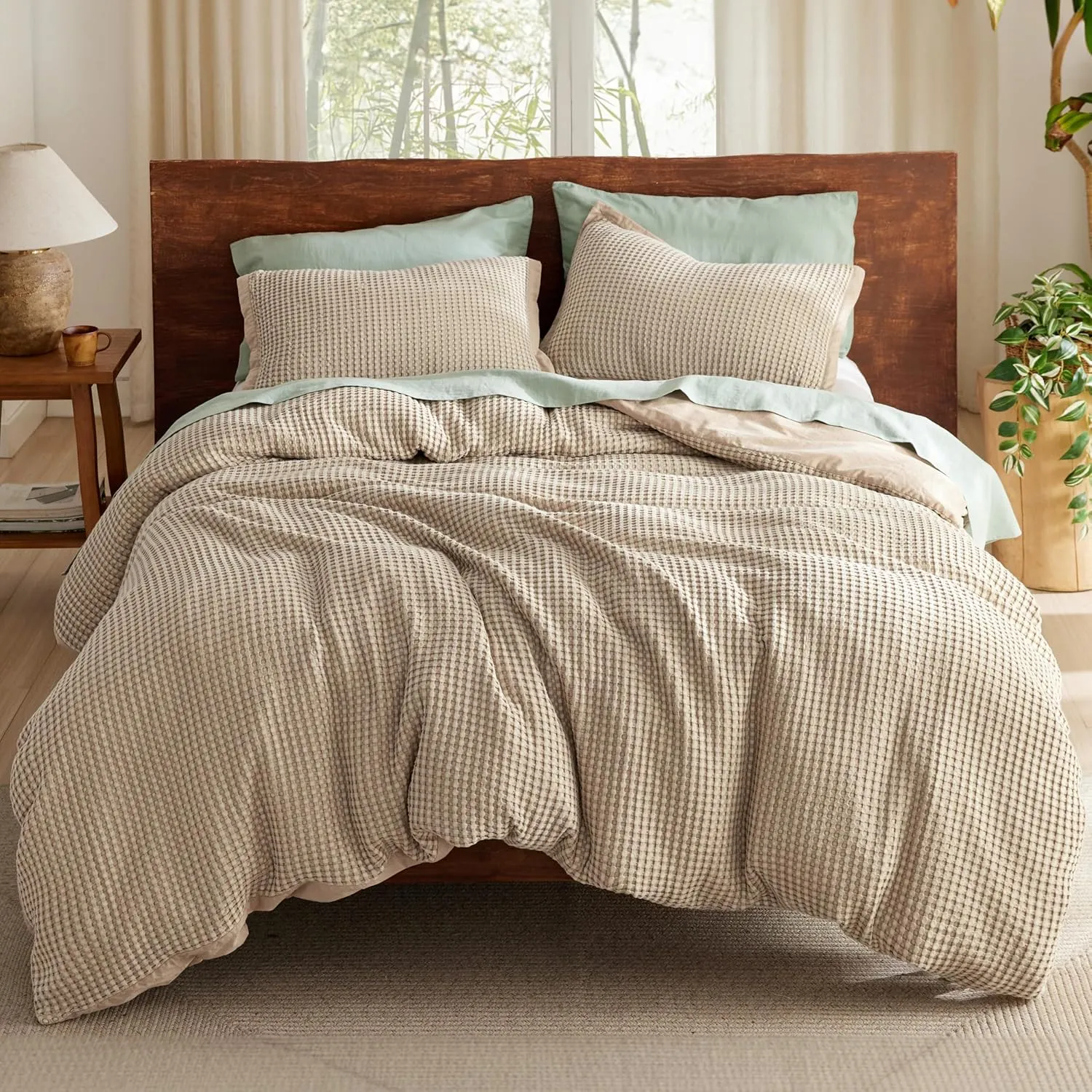 Bedsure Cooling Waffle Duvet Cover King - Cotton Blend Rayon Derived from Bamboo Duvet Cover Set for Hot Sleepers, Breathable Bedding Set with a Vintage Charm, 3 Pieces (Taupe, King, 104"x90")