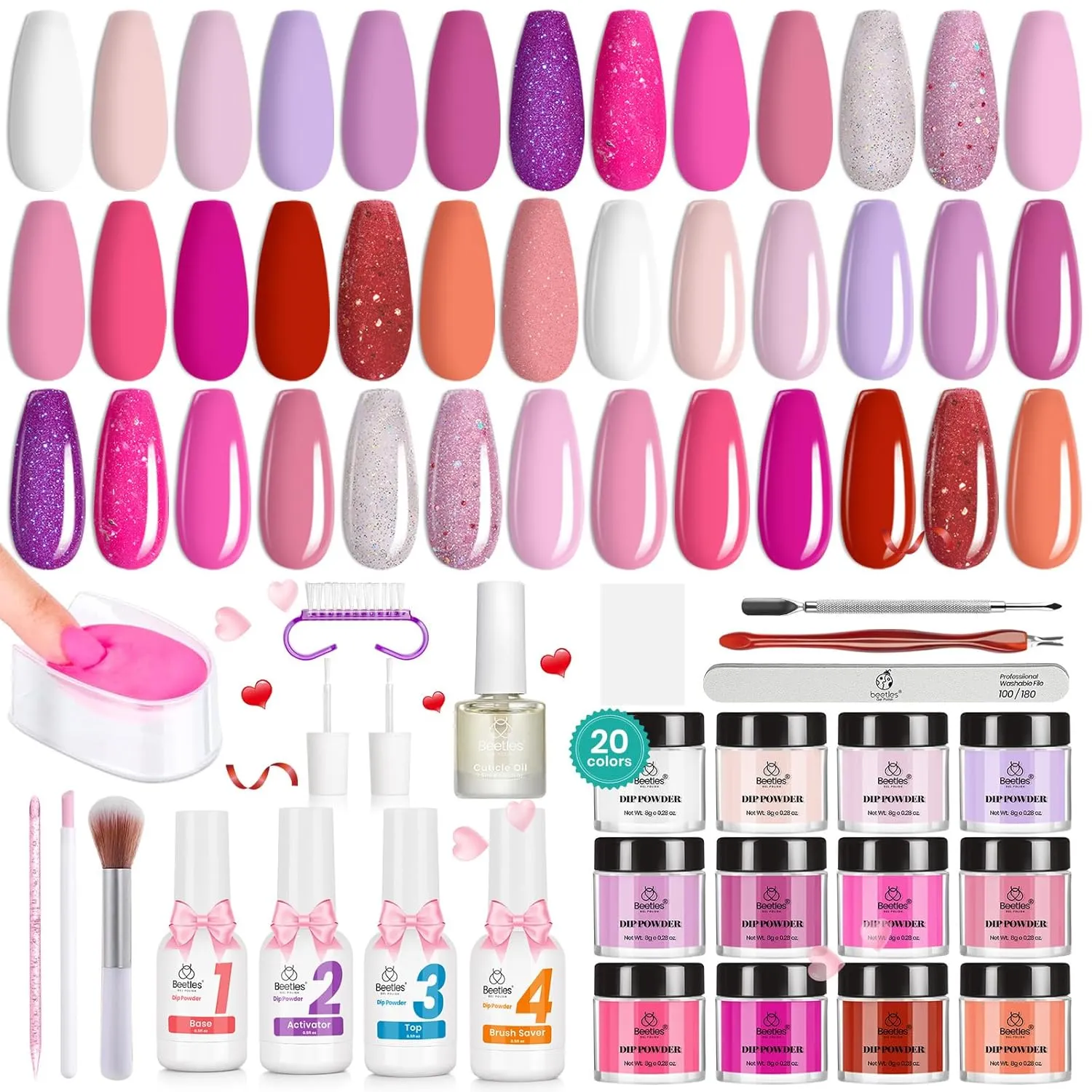 Beetles Dip Powder Nail Kit 36pcs 20 Colors Nude Hot Pink Red Glitter White Dip Nails Powder Starter Kit with Base Top Coat Activator Cuticle Oil Nail Set for Women Alluring Sweetie Collection