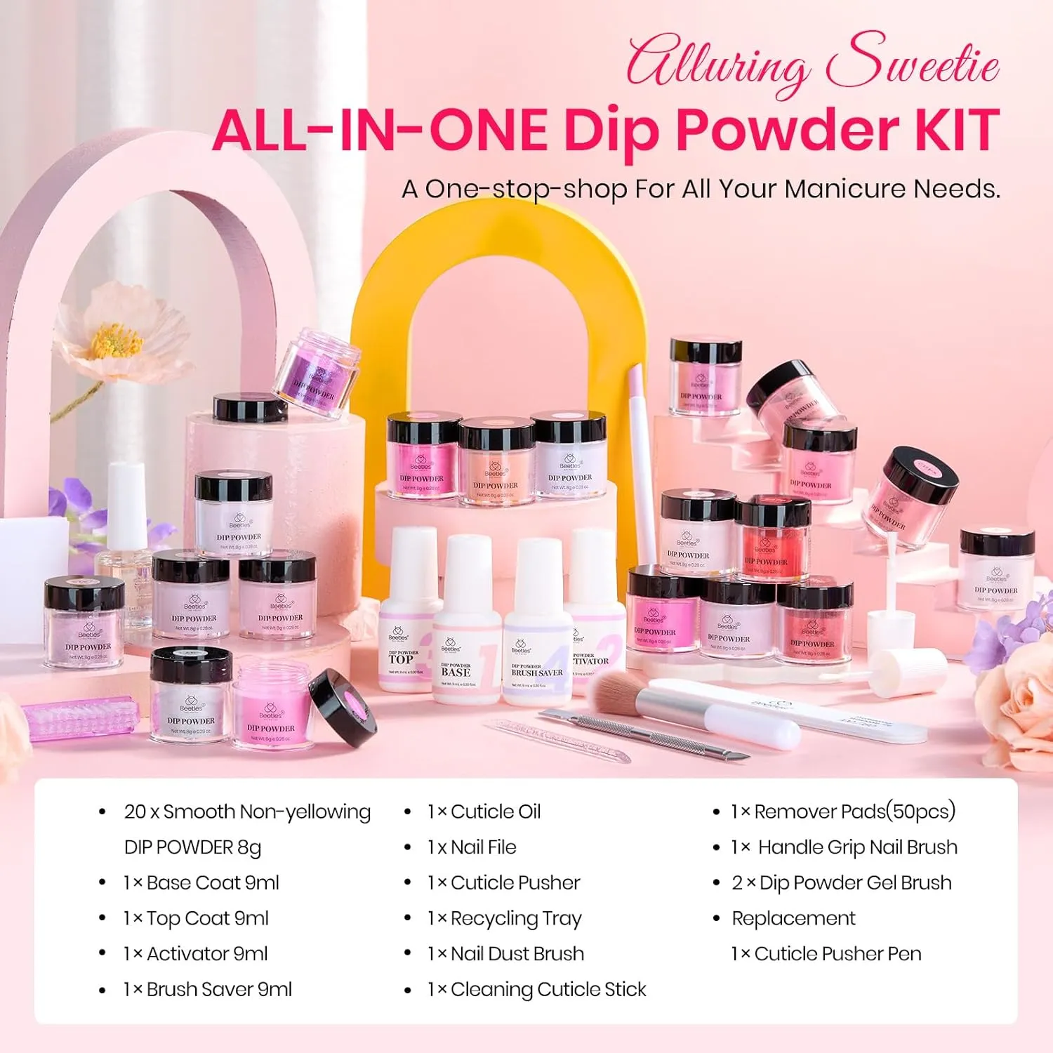 Beetles Dip Powder Nail Kit 36pcs 20 Colors Nude Hot Pink Red Glitter White Dip Nails Powder Starter Kit with Base Top Coat Activator Cuticle Oil Nail Set for Women Alluring Sweetie Collection