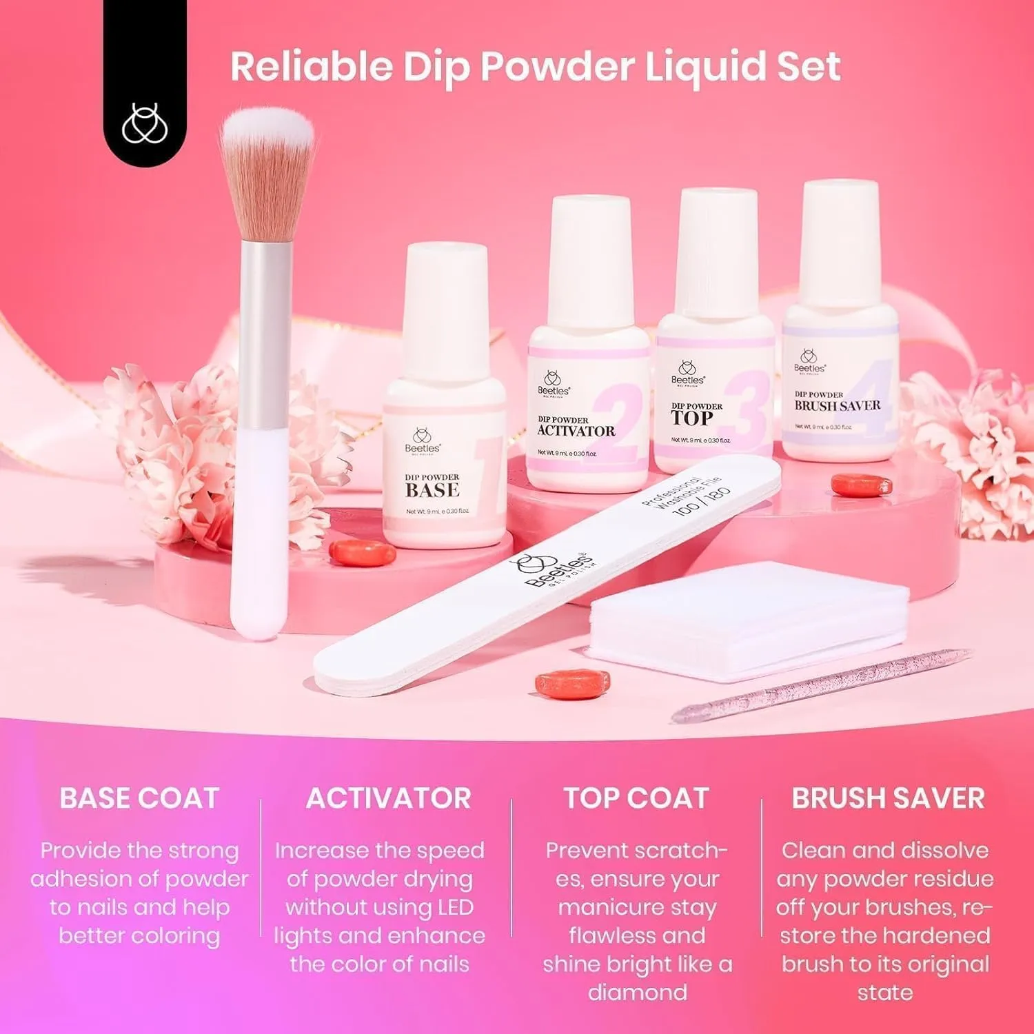 Beetles Dip Powder Nail Kit 36pcs 20 Colors Nude Hot Pink Red Glitter White Dip Nails Powder Starter Kit with Base Top Coat Activator Cuticle Oil Nail Set for Women Alluring Sweetie Collection