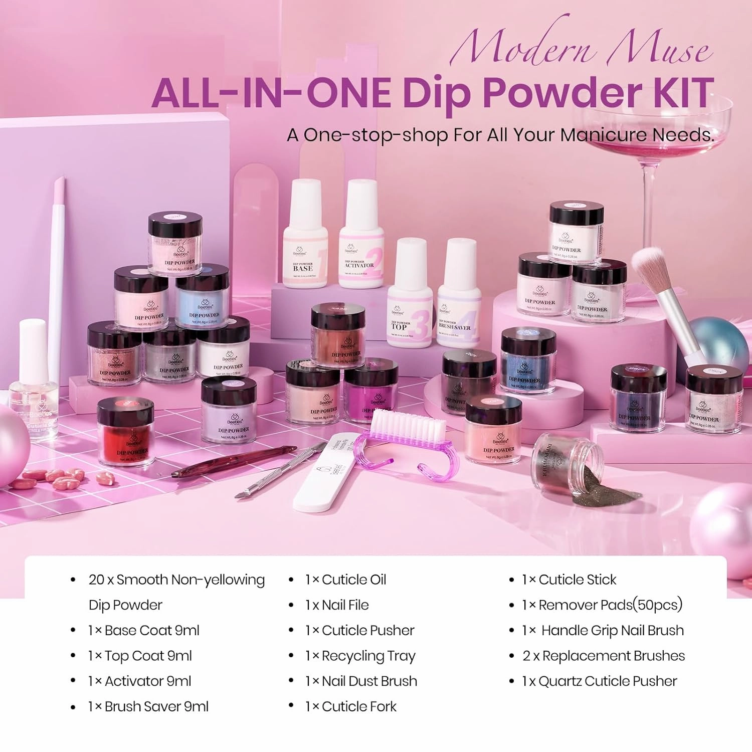 Beetles 36Pcs Dip Powder Nail Kit Starter, 20 Colors Nude Pink Blue Glitter Dipping Powder Set with Base Top Coat Activator Brush Saver for Nail Art Manicure Modern Muse Collection