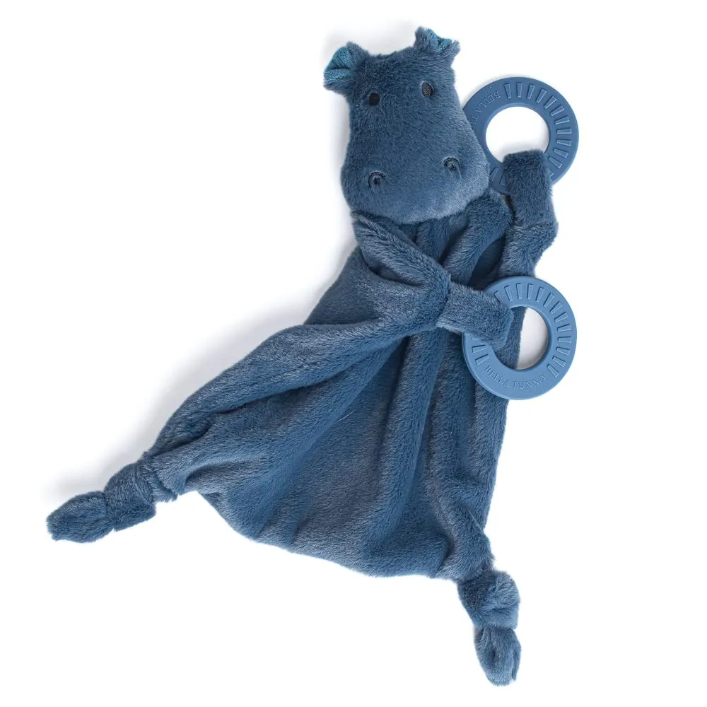 Bella Tunno Teether Buddy – Soft, Plush Baby Lovey with Textured Baby Teether Toy and Gentle Rattling Head, Comforts and Brings Teething Relief, Colorful Animal-Themed Baby Teething Toys (Hippo)