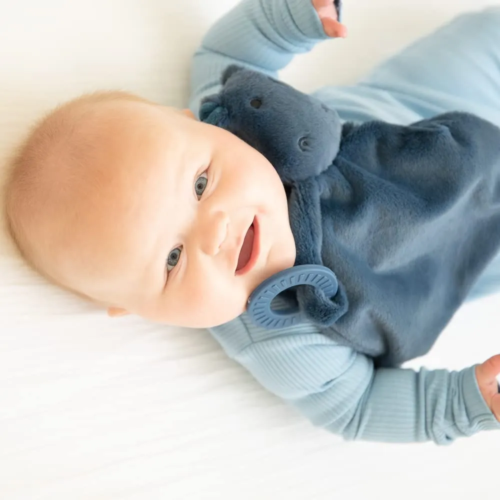 Bella Tunno Teether Buddy – Soft, Plush Baby Lovey with Textured Baby Teether Toy and Gentle Rattling Head, Comforts and Brings Teething Relief, Colorful Animal-Themed Baby Teething Toys (Hippo)